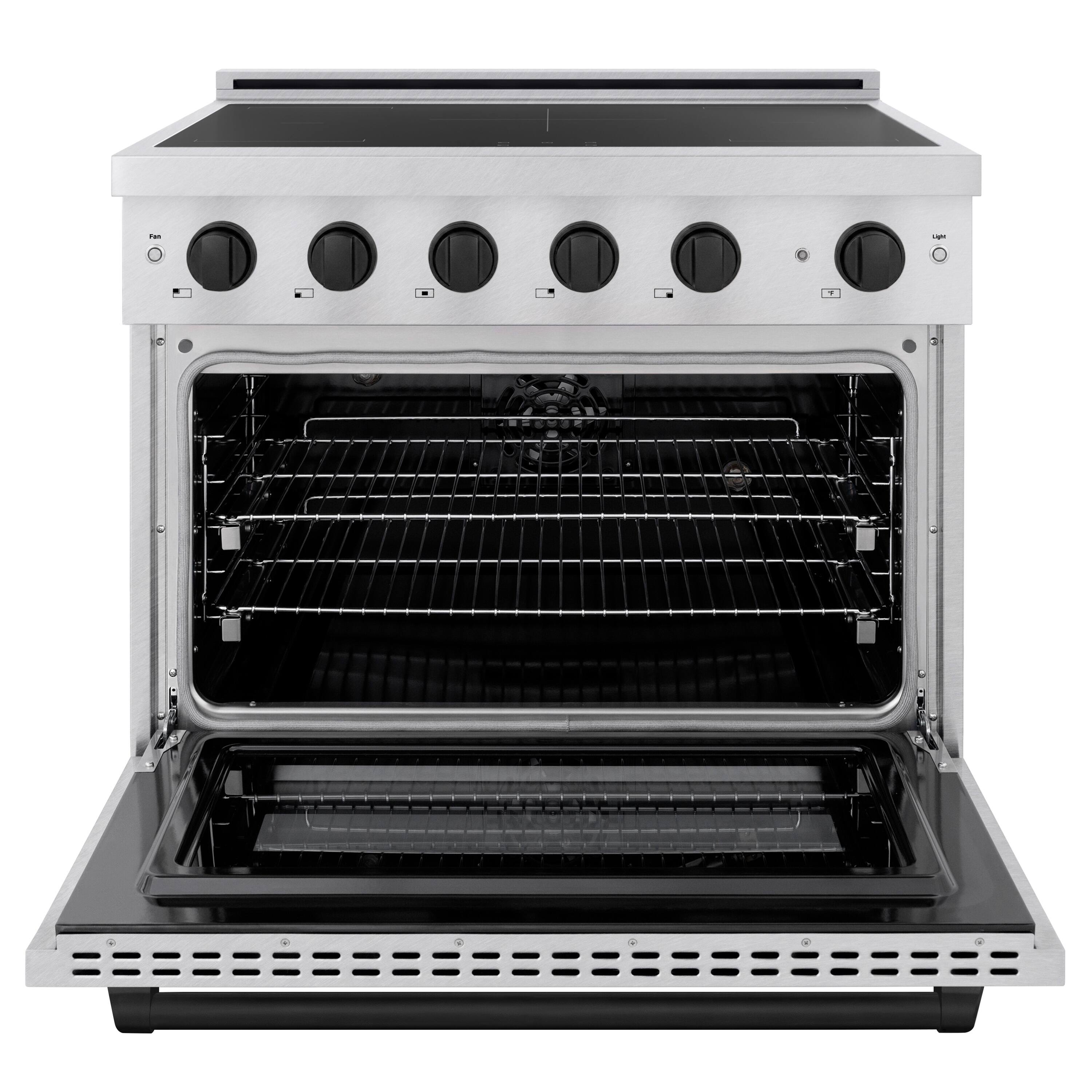 Angle. ZLINE - Autograph 36 in. 5.2 cu. ft. Paramount Freestanding Induction Range with 5 Burners and Electric Oven w/ Black Accents - Stainless Steel.