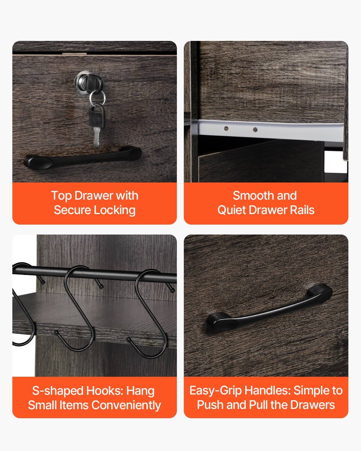 Top Drawer with Secure Locking

Smooth and Quiet Drawer Rails

S-shaped Hooks: Hang Small Items Conveniently

Easy-Grip Handles: Simple to Push and Pull the Drawers