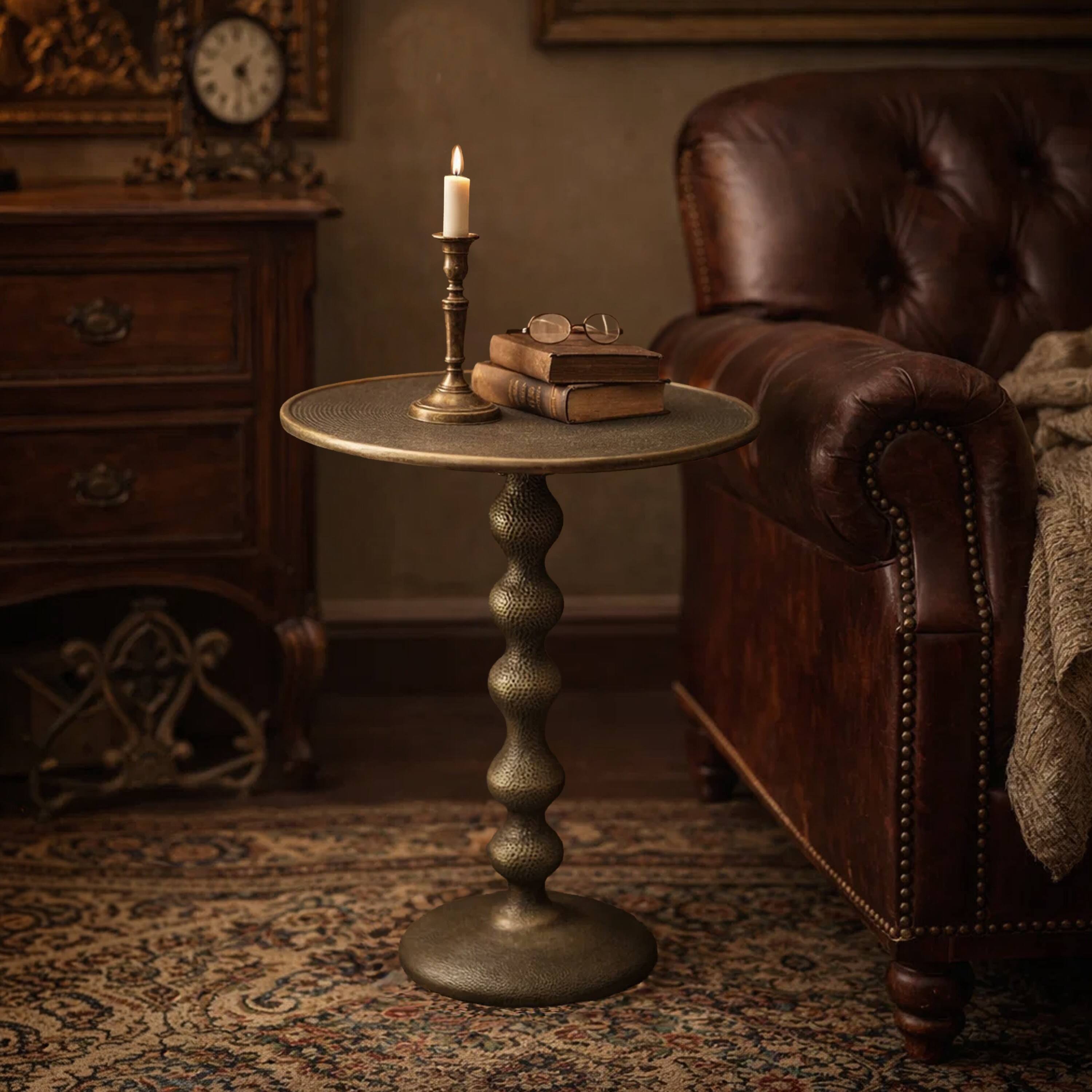 Alt View 8. Manhattan Lane - Shae 22 Inch Round Side End Table - Antique Brass Cast Aluminum with Hammered Texture For Small Places - Brass.