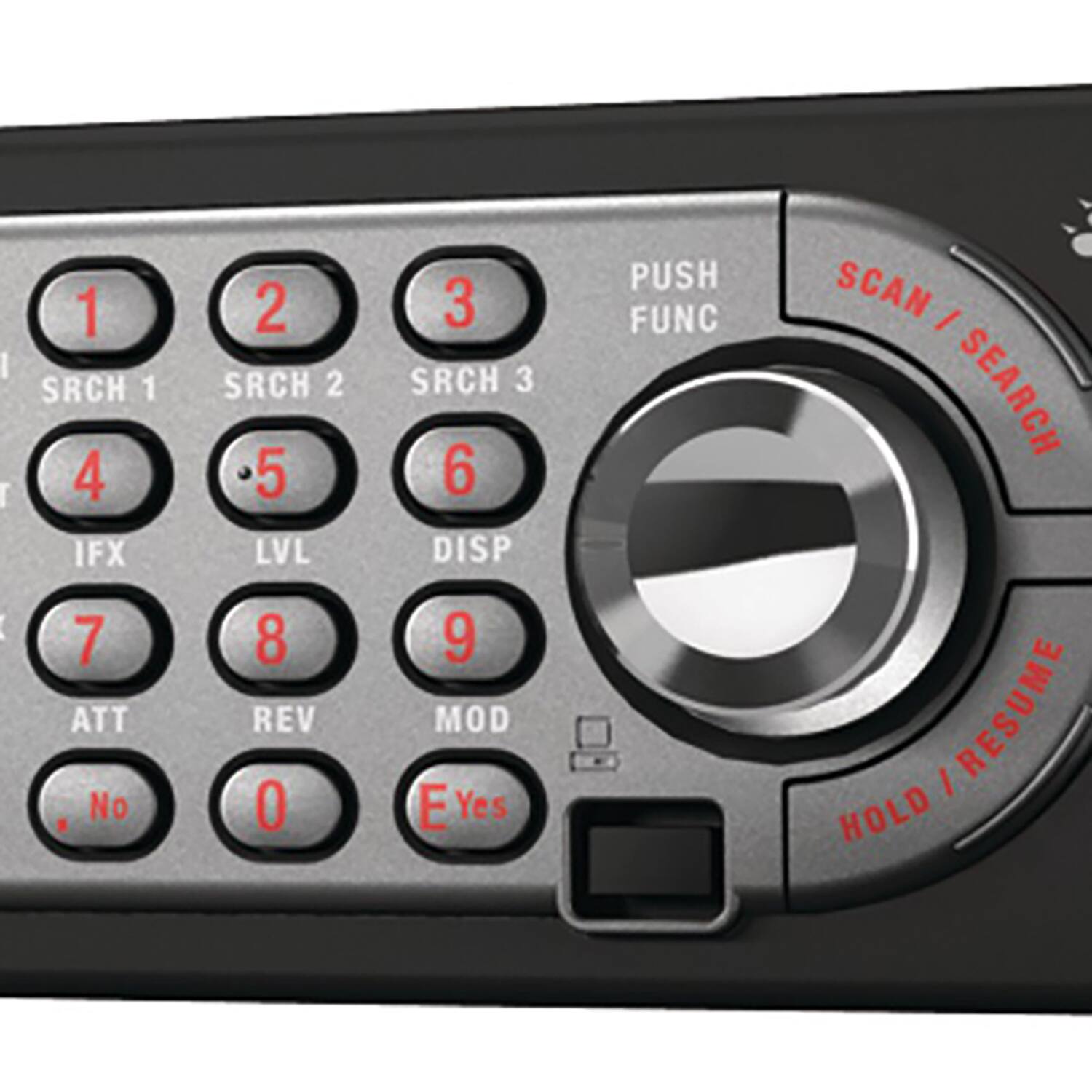 Sure, here is the corrected and grouped text from the image:

- **1** SRCH 1
- **2** SRCH 2
- **3** SRCH 3
- **4** IFX
- **5** LVL
- **6** DISP
- **7** ATT
- **8** REV
- **9** MOD
- **0** No
- **E** Yes
- **PUSH FUNC**
- **SCAN / SEARCH**
- **HOLD / RESUME**