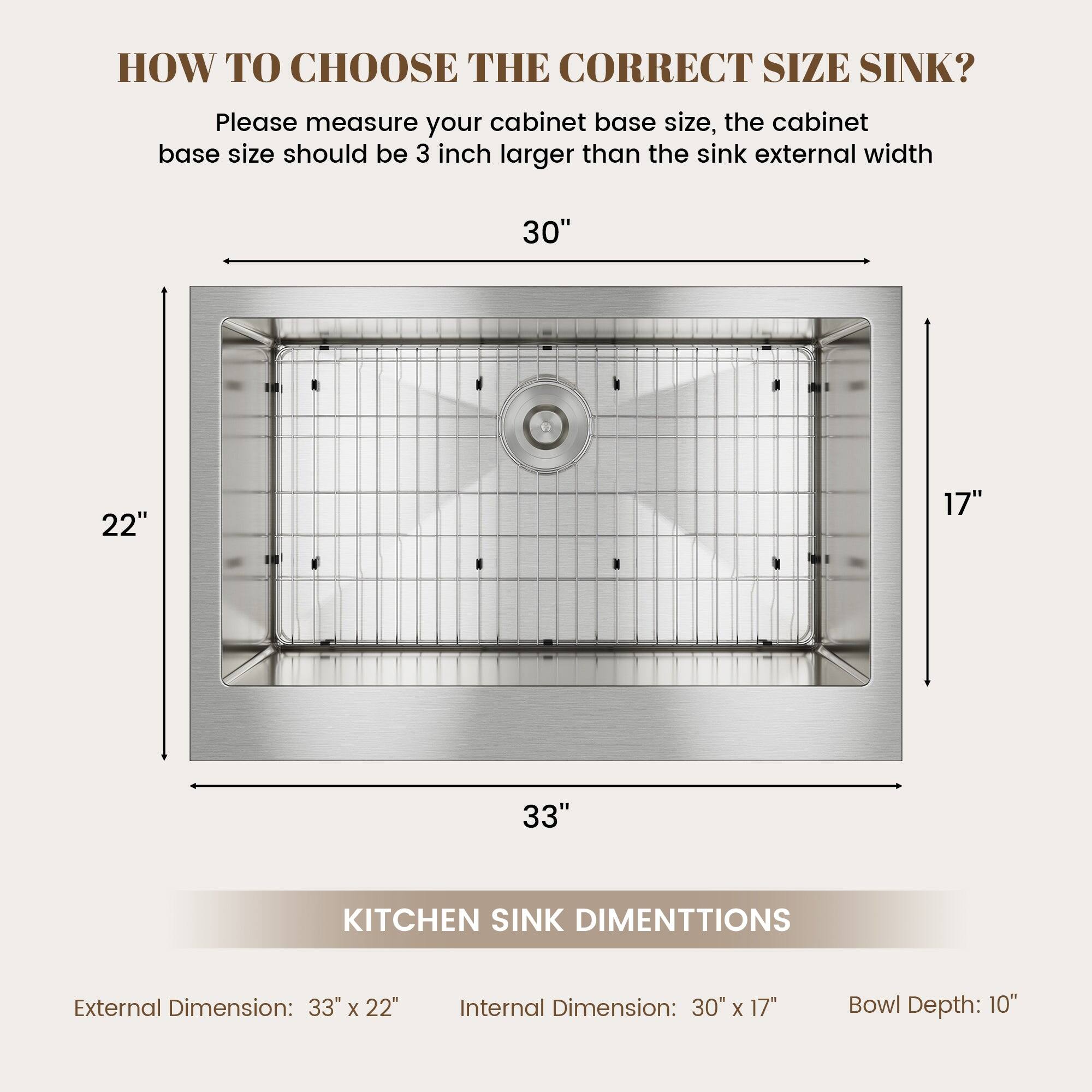 HOW TO CHOOSE THE CORRECT SIZE SINK? Please measure your cabinet base size, the cabinet base size should be 3 inch larger than the sink external width 30" 22" 17" 33" KITCHEN SINK DIMENTTIONS External Dimension: 33" X 22" Internal Dimension: 30" X 17" Bowl Depth: 10"