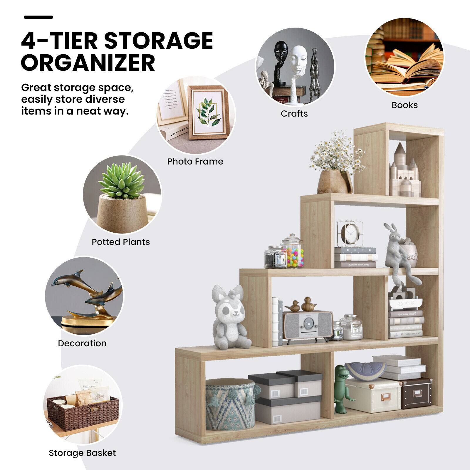 4-TIER STORAGE ORGANIZER Great storage space, easily store diverse items in a neat way. Crafts, Books, Photo Frame, Potted Plants, Decoration, Storage Basket.