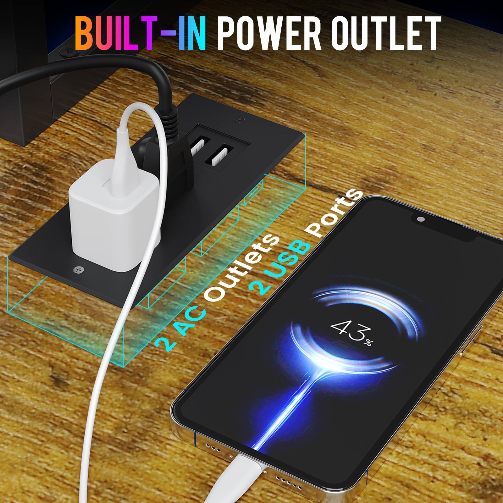 BUILT-IN POWER OUTLET

Ports: 2 AC Outlets, 2 USB Ports

43%
