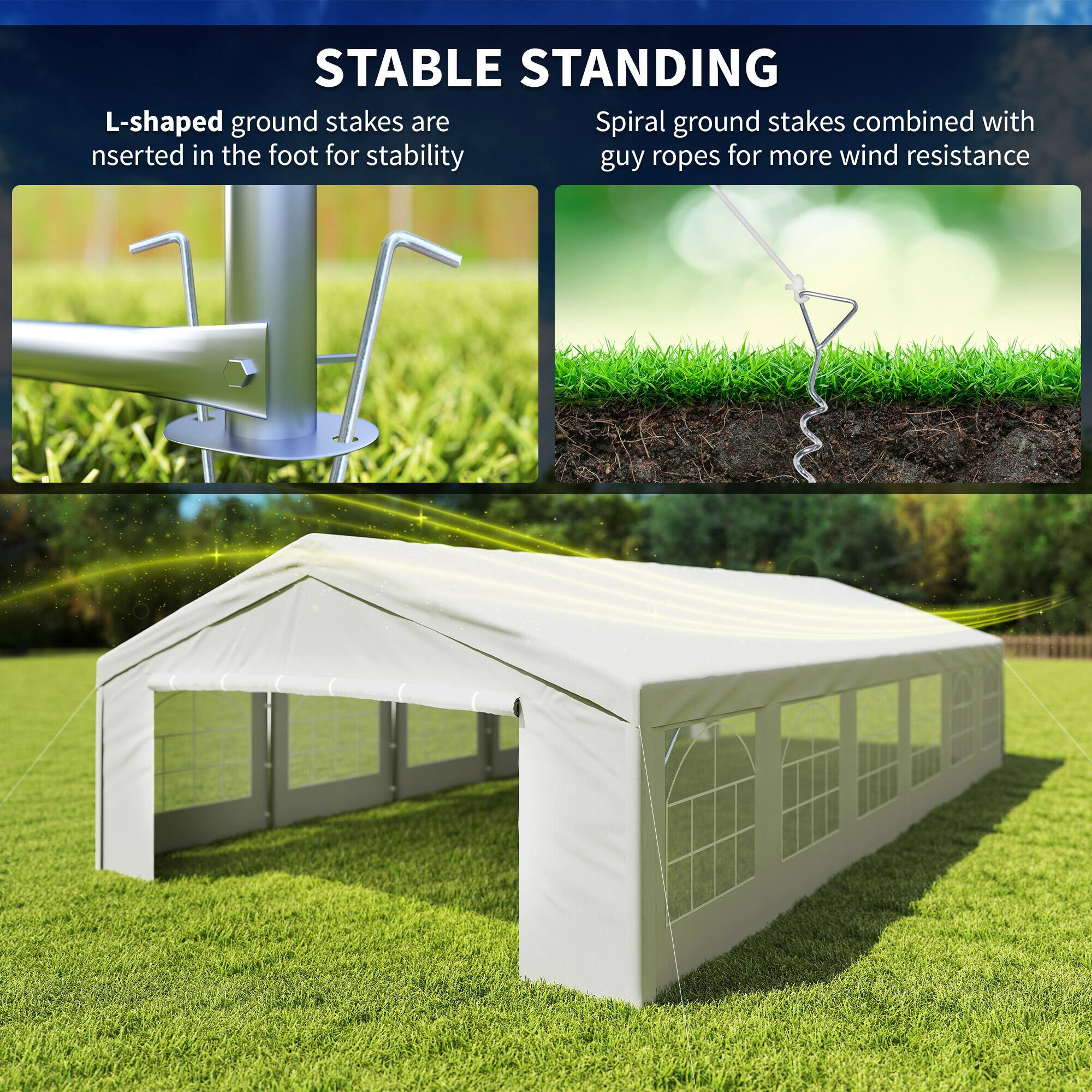 STABLE STANDING

L-shaped ground stakes are inserted in the foot for stability

Spiral ground stakes combined with guy ropes for more wind resistance