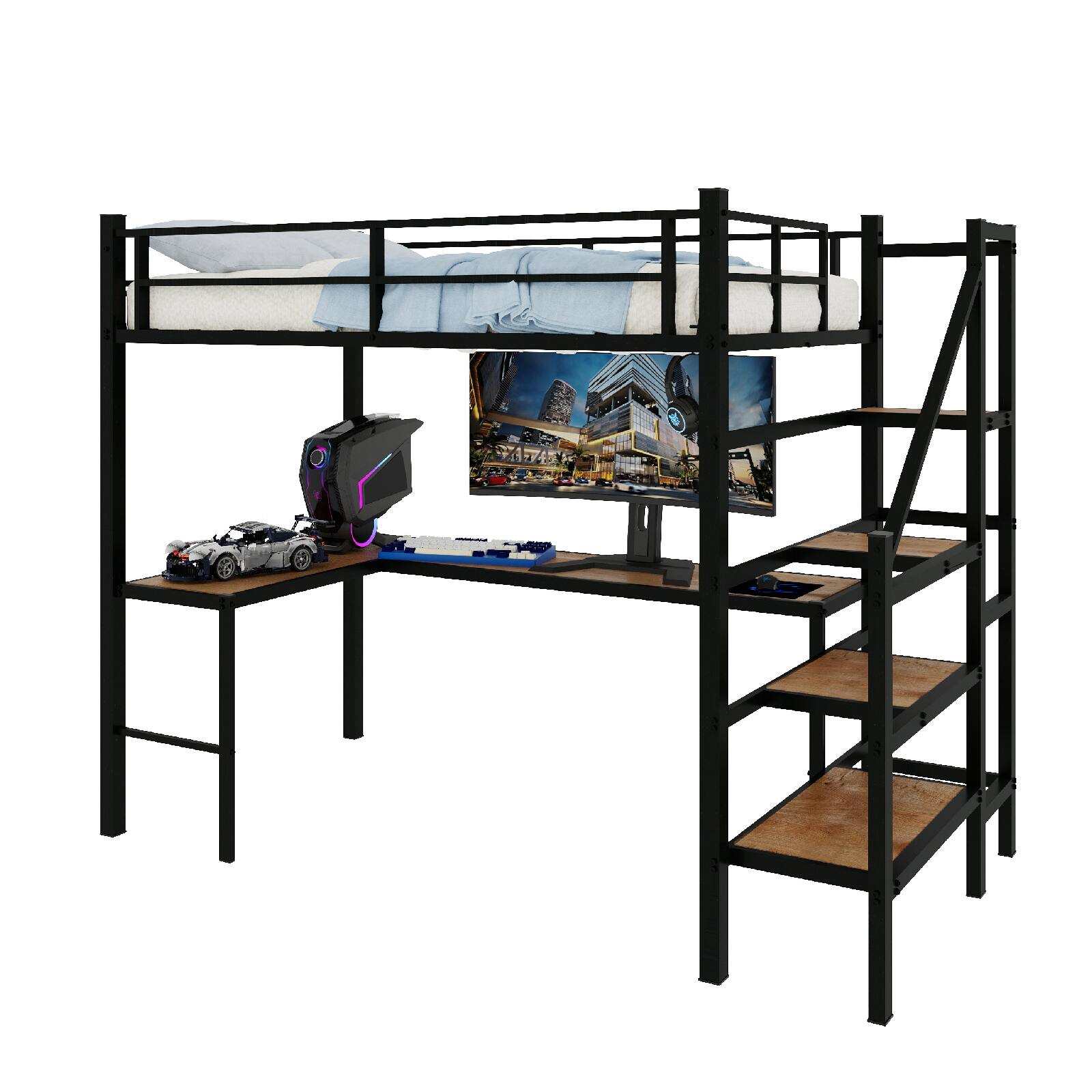 Alt View 7. Loheer - Loheer Black Metal Twin Loft Bed with Desk Space Saving Iron and Wood Multifunctional Frame - Black.