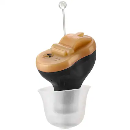Front. MEDca - Digital Hearing Amplifier - Invisible in Canal (CIC) in-Ear Mini Sound Enhancer Set, Near-Invisible - Black, Left Ear - Black.