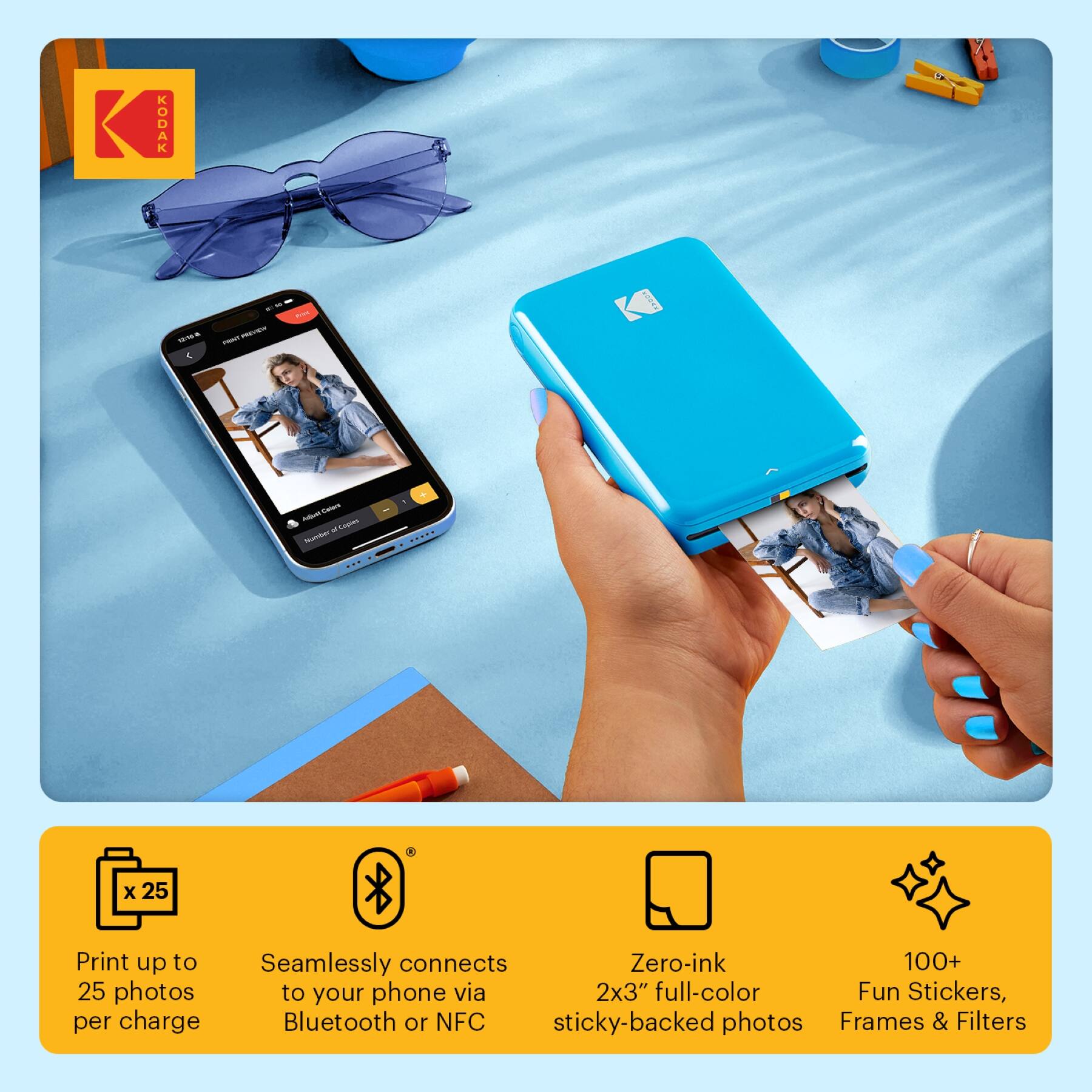 - Print up to 25 photos per charge
- Seamlessly connects to your phone via Bluetooth or NFC
- Zero-ink 2x3" full-color sticky-backed photos
- 100+ Fun Stickers, Frames & Filters