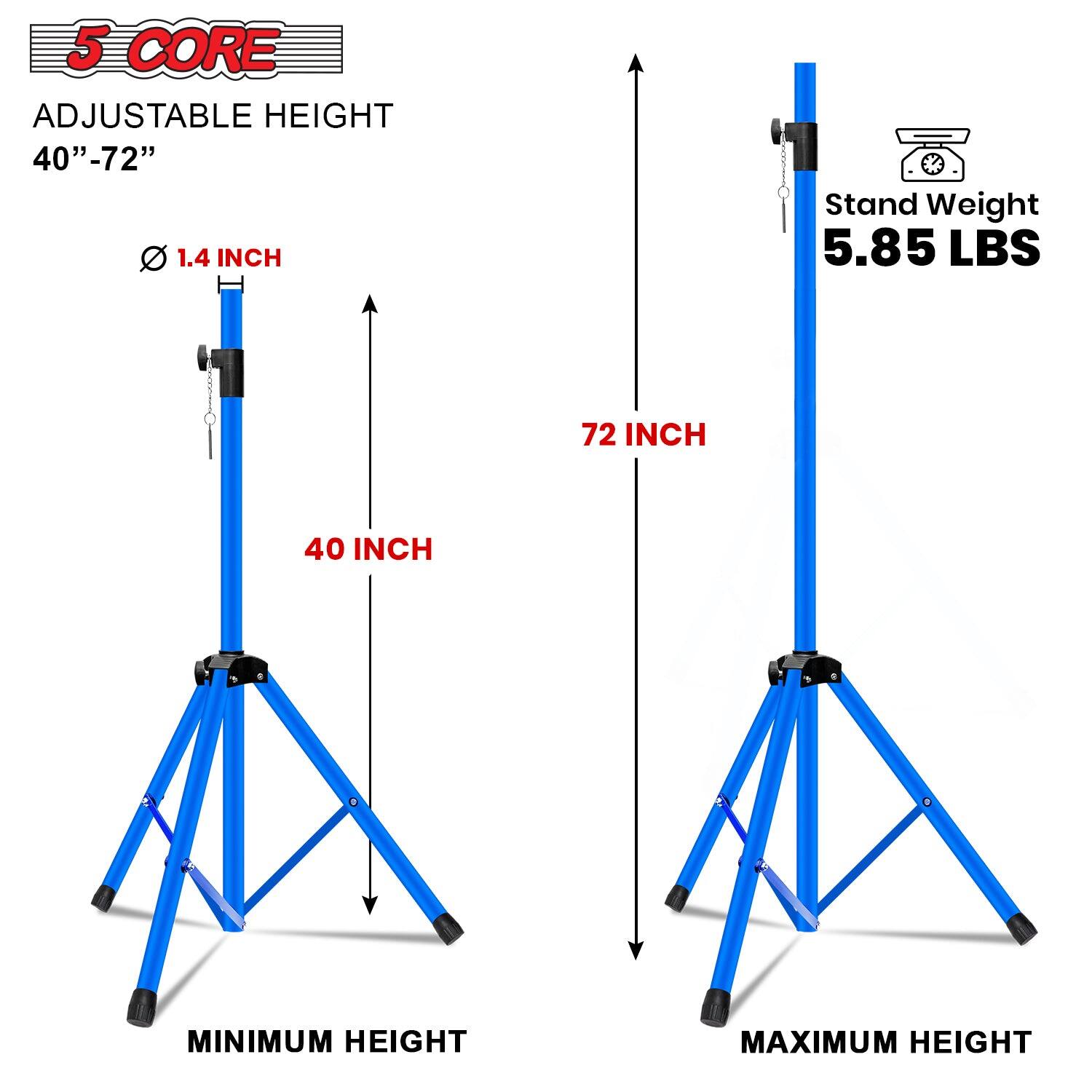 The corrected text is:

- 5 CORE ADJUSTABLE HEIGHT 40"-72"
- 1.4 INCH
- Stand Weight 5.85 LBS
- 72 INCH
- 40 INCH MINIMUM HEIGHT
- MAXIMUM HEIGHT