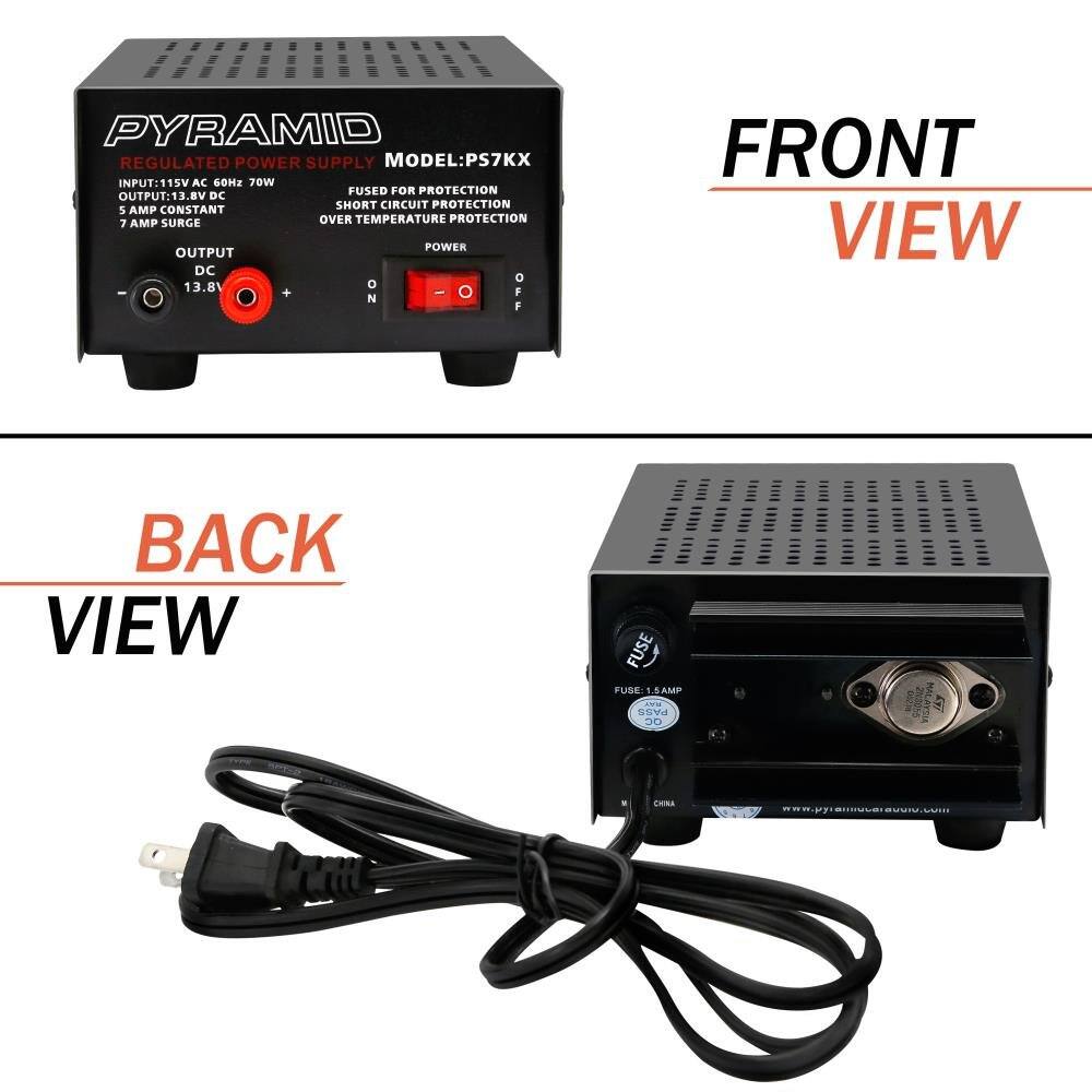 PYRAMID REGULATED POWER SUPPLY  
MODEL: PS7KX  

INPUT: 115V AC 60Hz 70W  
OUTPUT: 13.8V DC  
5 AMP CONSTANT  
7 AMP SURGE  
DC SHORT CIRCUIT PROTECTION  
FUSED FOR PROTECTION  
OVER TEMPERATURE PROTECTION  

FRONT VIEW  
- OUTPUT: 13.8V DC  
- FUSE: 1 AMP  
- ON/OFF SWITCH  

BACK VIEW  
- FUSE: 1.5 AMP  
- INPUT: 115V AC  
- OUTPUT: 13.8V DC  
- CHINA  
- www.pyramidpowersupply.com