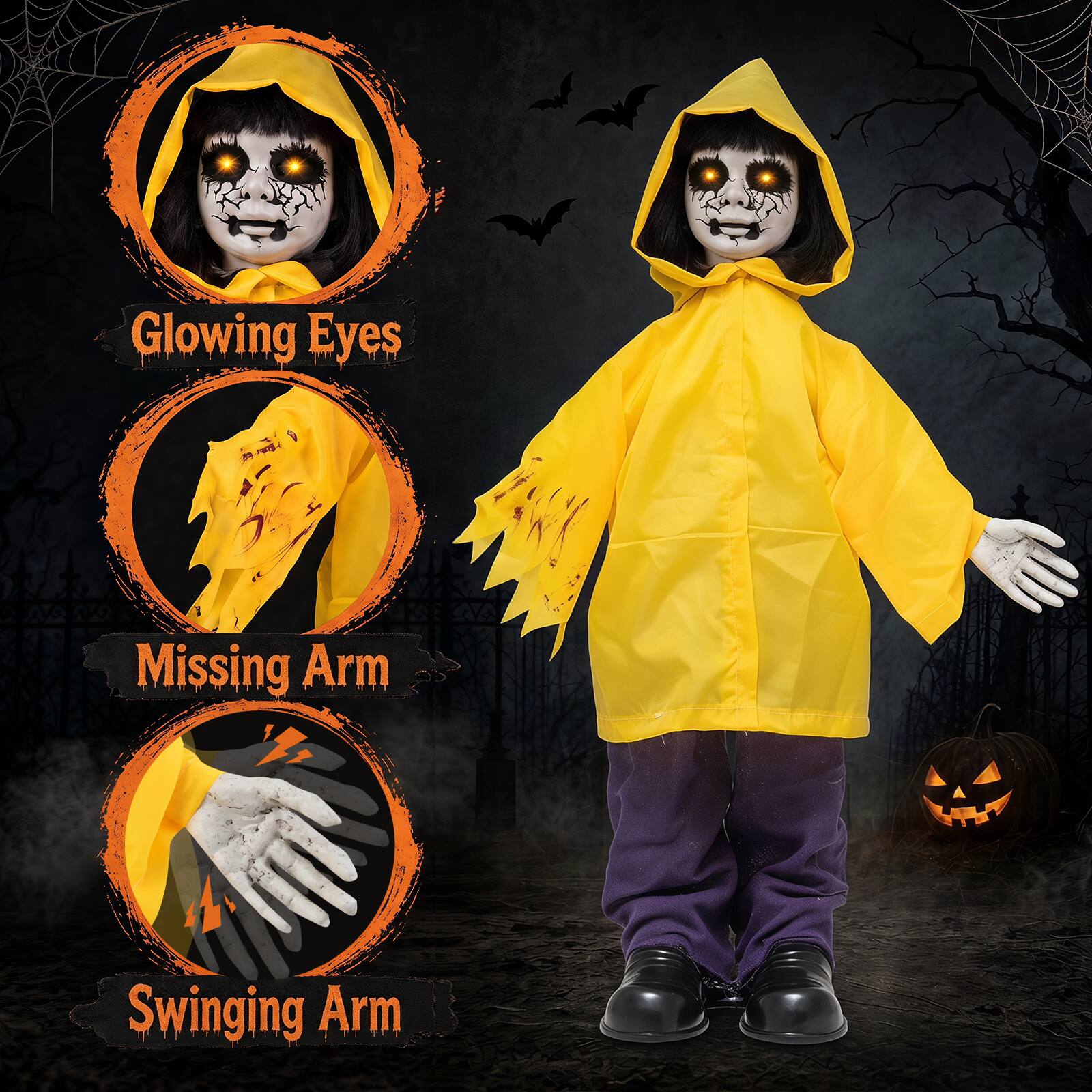 Glowing Eyes  
Missing Arm  
Swinging Arm