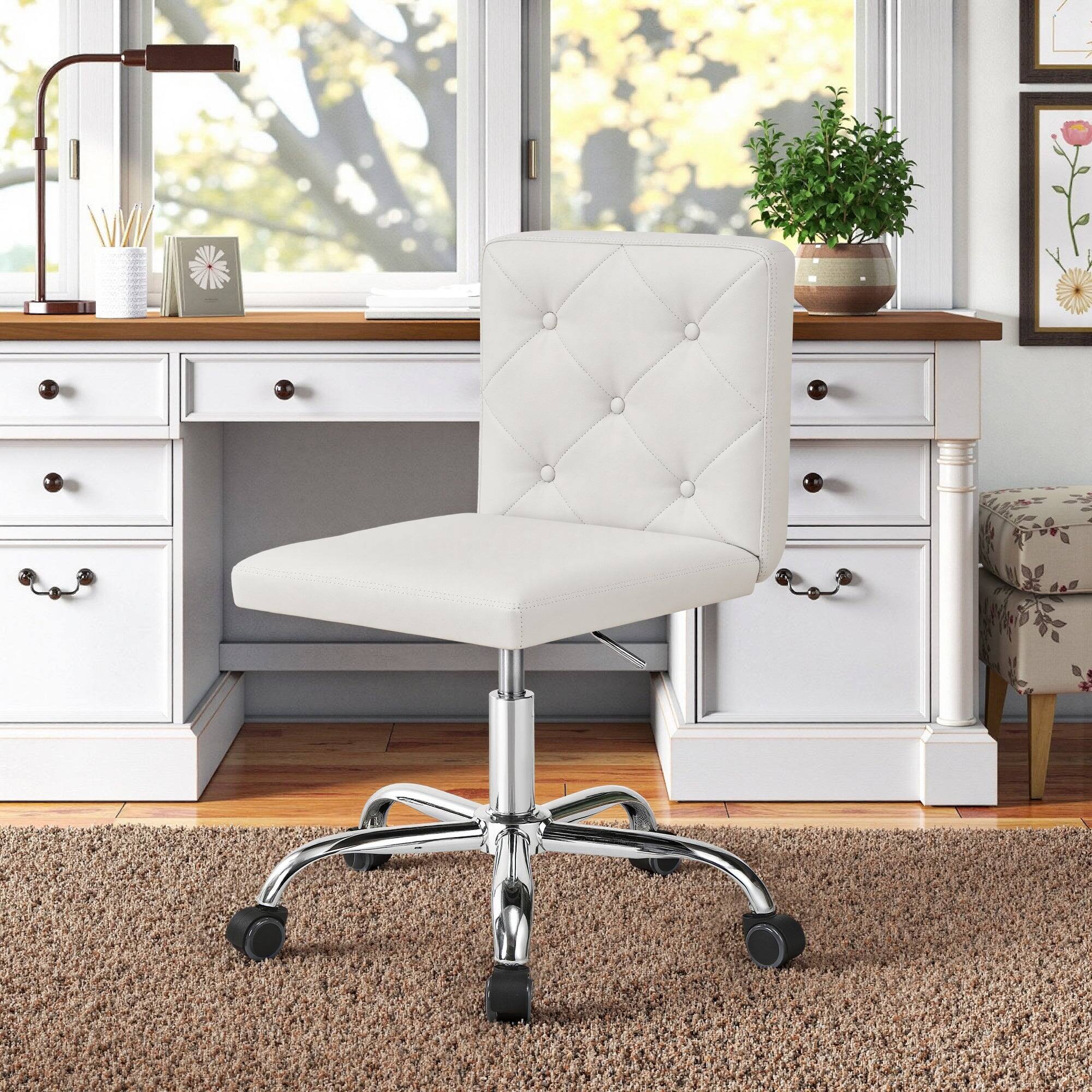 Alt View 1. Vecelo - White PU Leather Armless Office Chair - Adjustable Height with SGS Lift, 5-Wheel Swivel & Button-Tufted Back - White.