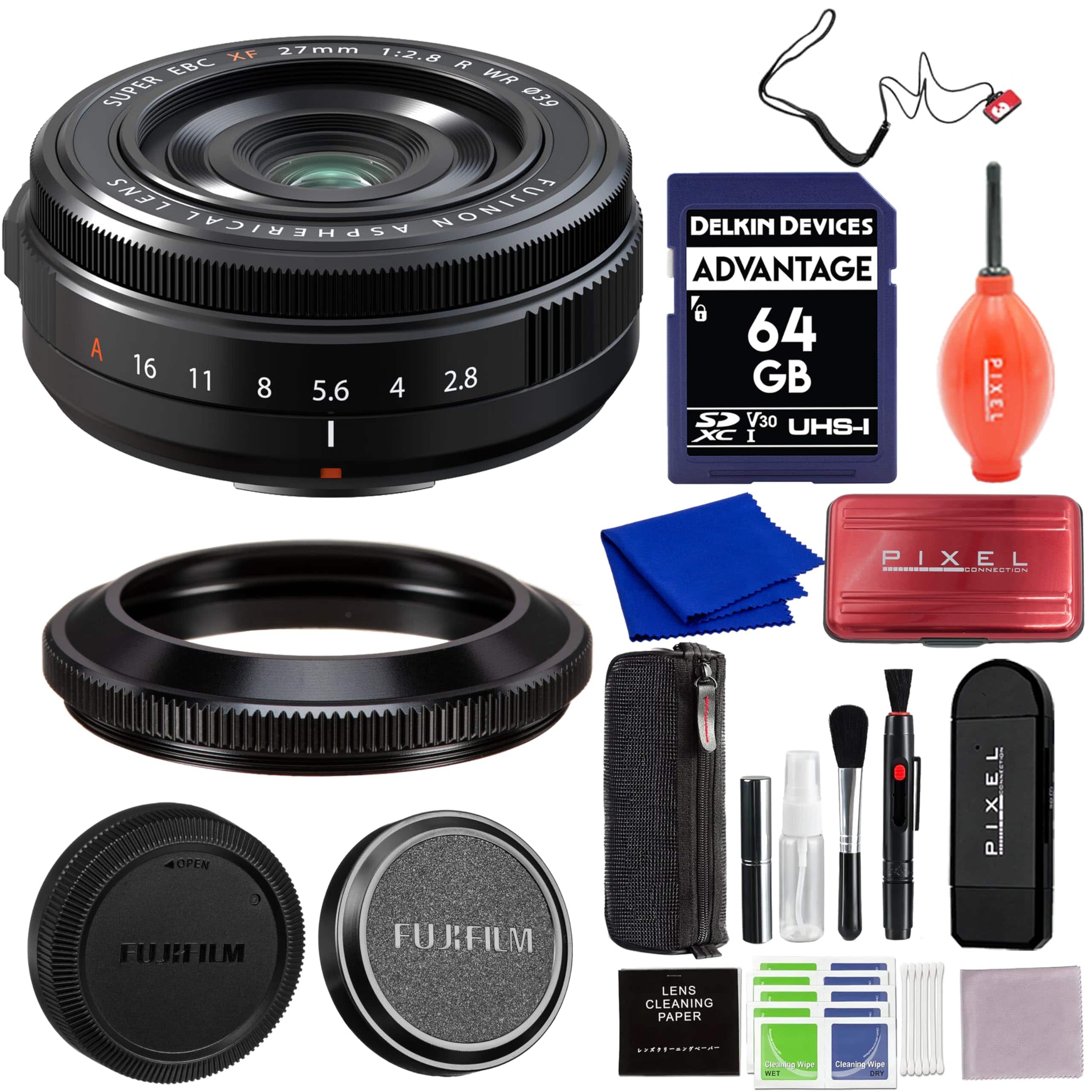 Fujifilm - XF 27mm f/2.8 R WR Lens Bundle with 64GB SD Card, Capkeeper, Card Holder and More Accessories