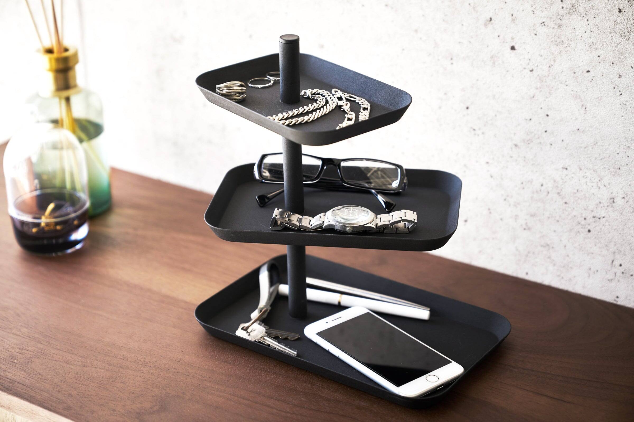 Left. Yamazaki Home - Three-Tier Display Tray - Steel - Black.