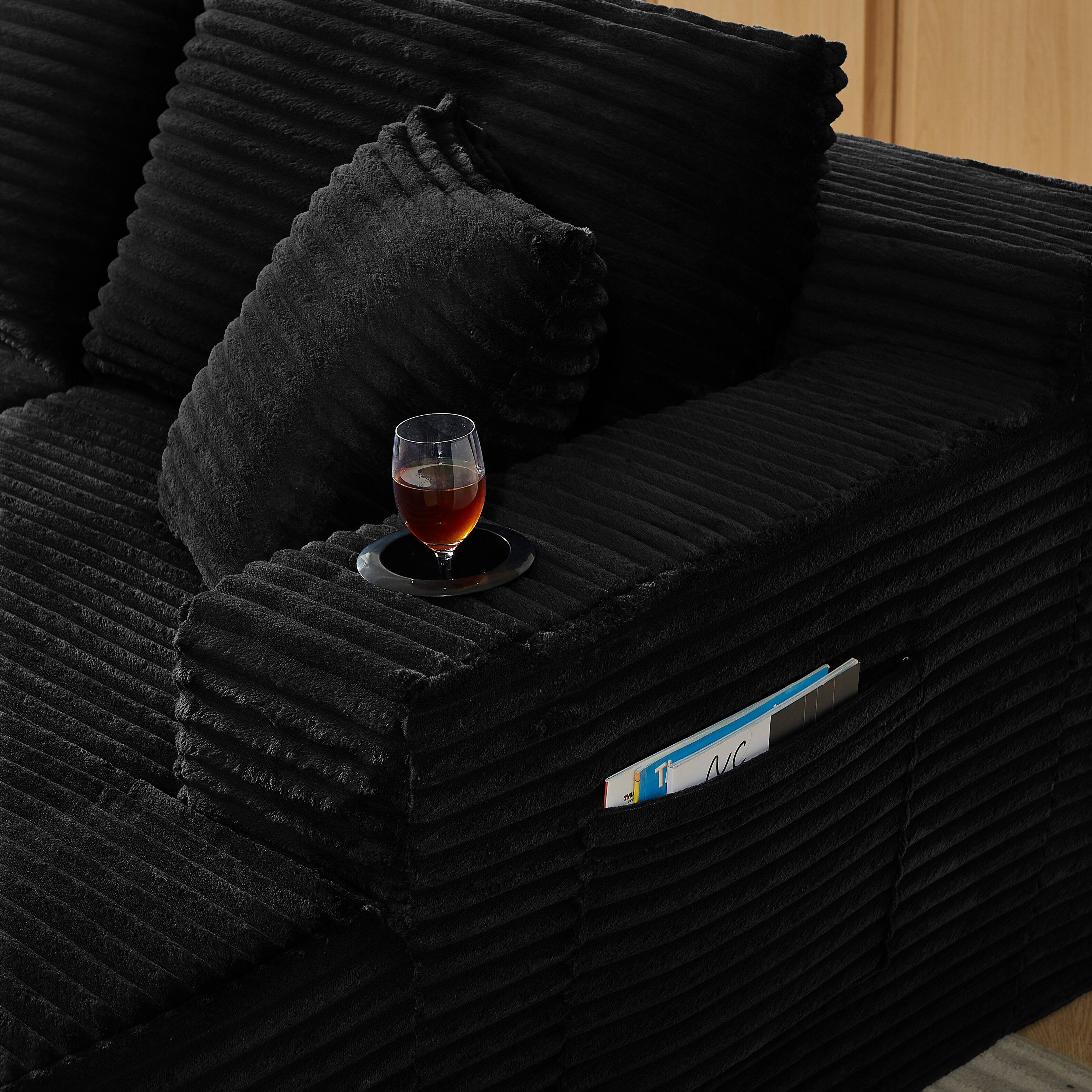 Back. Aukfa - U-Shaped Sectional Sofa Set - Minimalist Modular Design, Corduroy Cloud Couch for Living Room - Black.