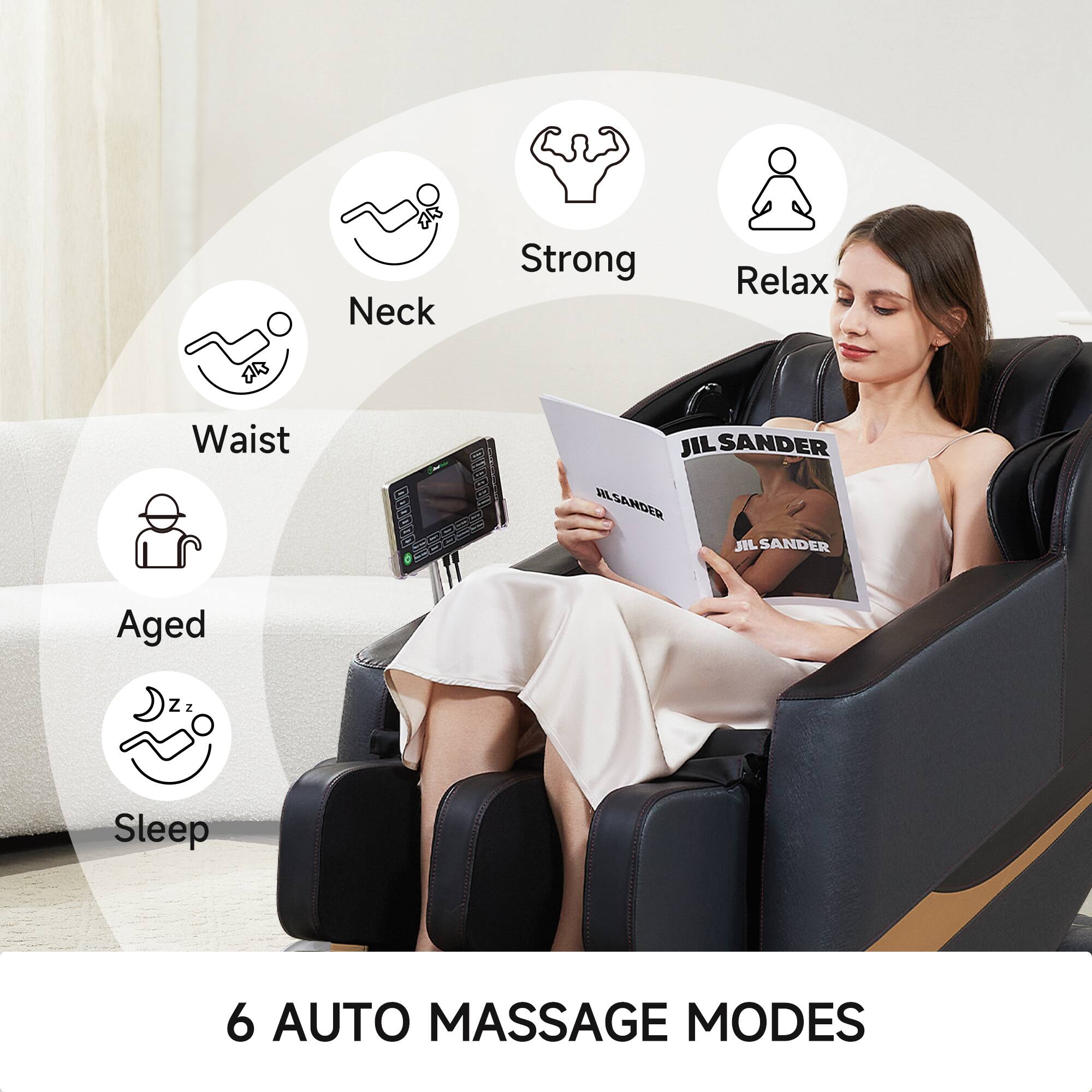 Sure, here is the corrected and grouped text:

- Neck
- Strong
- Relax
- Waist
- Aged
- Sleep

6 AUTO MASSAGE MODES