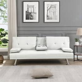 Tiramisubest - Modern Sofa Bed with Armrest Two Holders, PVC Upholstery, Wood Frame, Stainless Steel Legs - White