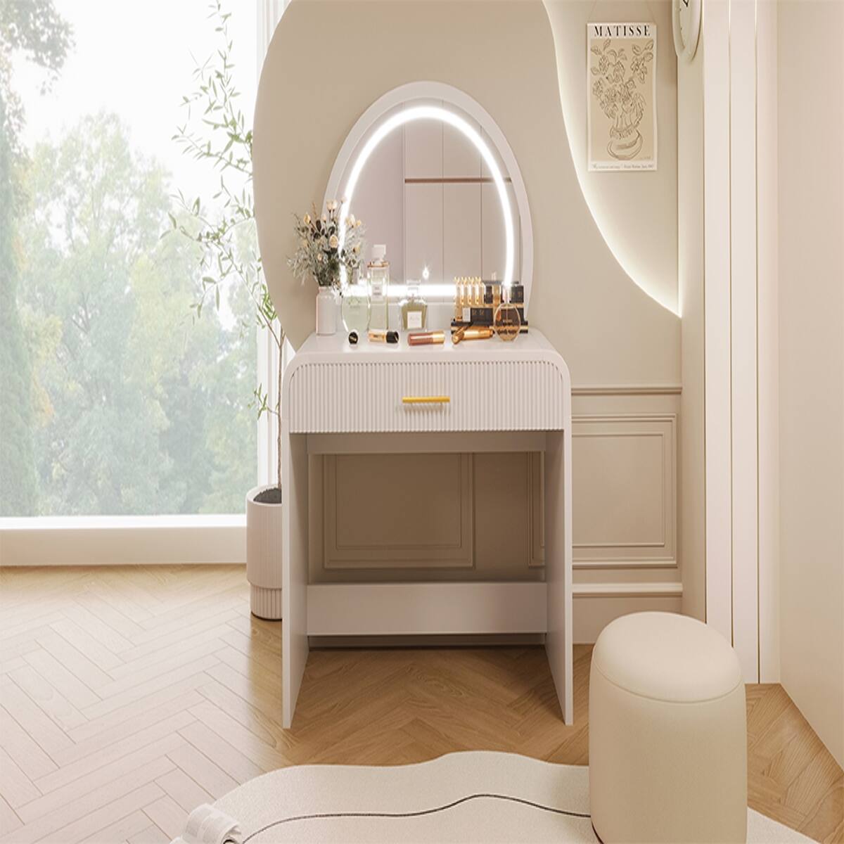Alt View 4. Loheer - Loheer White Makeup Vanity Table with Touch Screen Lighted Mirror and Drawer - White.