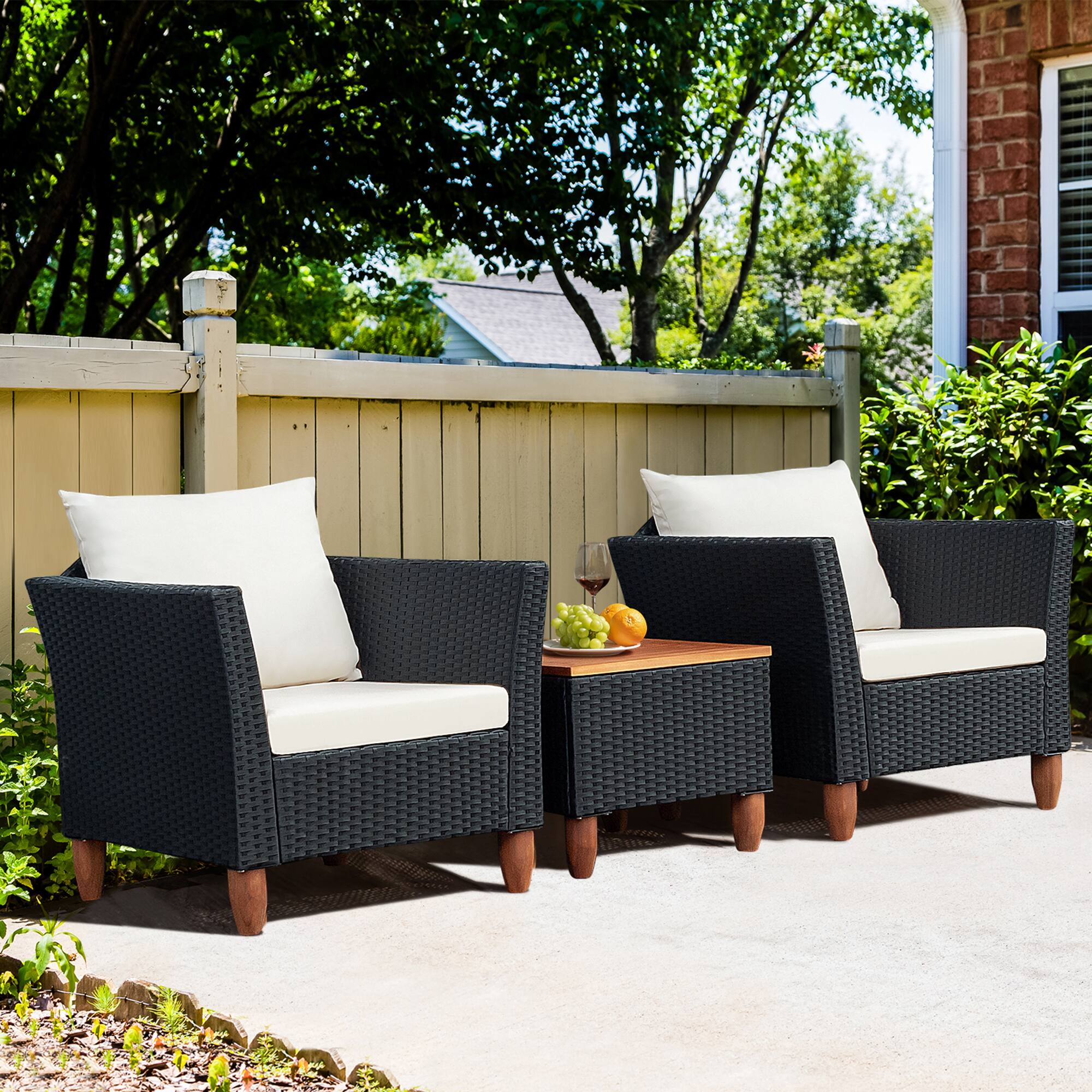 Alt View 3. Gymax - Gymax 3PCS Cushioned Patio Conversation Furniture Set w/ Wooden Table Top & Feet - Black.