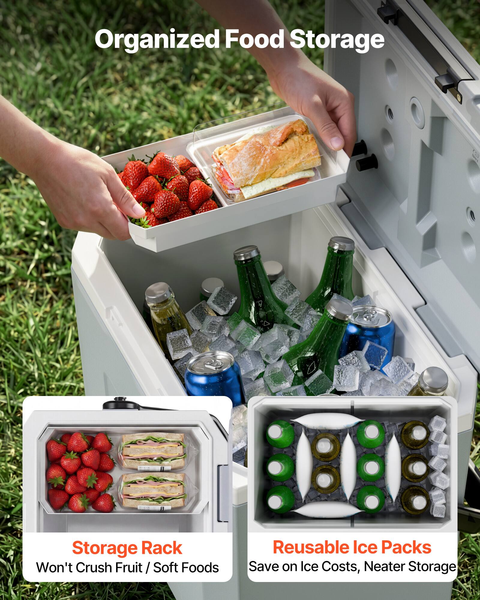 Organized Food Storage

Storage Rack Won't Crush Fruit / Soft Foods

Reusable Ice Packs Save on Ice Costs, Neater Storage