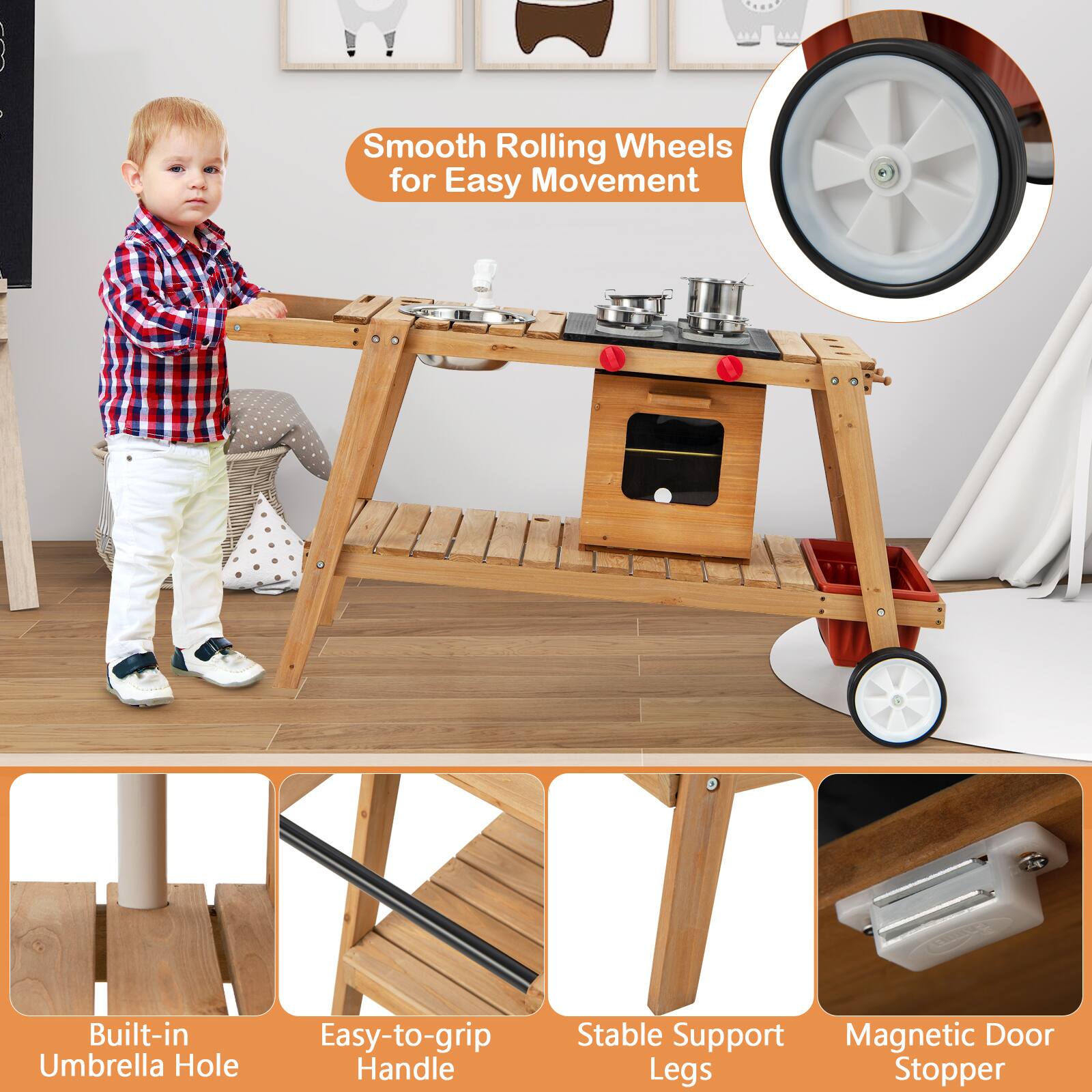 - Smooth Rolling Wheels for Easy Movement
- Built-in Umbrella Hole
- Easy-to-grip Handle
- Stable Support Legs
- Magnetic Door Stopper