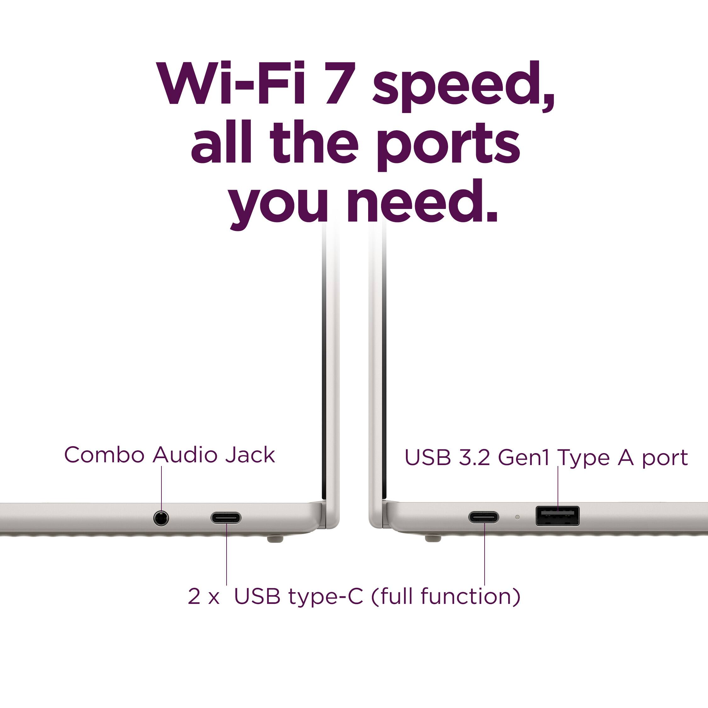 Wi-Fi 7 speed, all the ports you need. Combo Audio Jack, USB 3.2 Gen1 Type A port, 2 X USB type-C (full function)