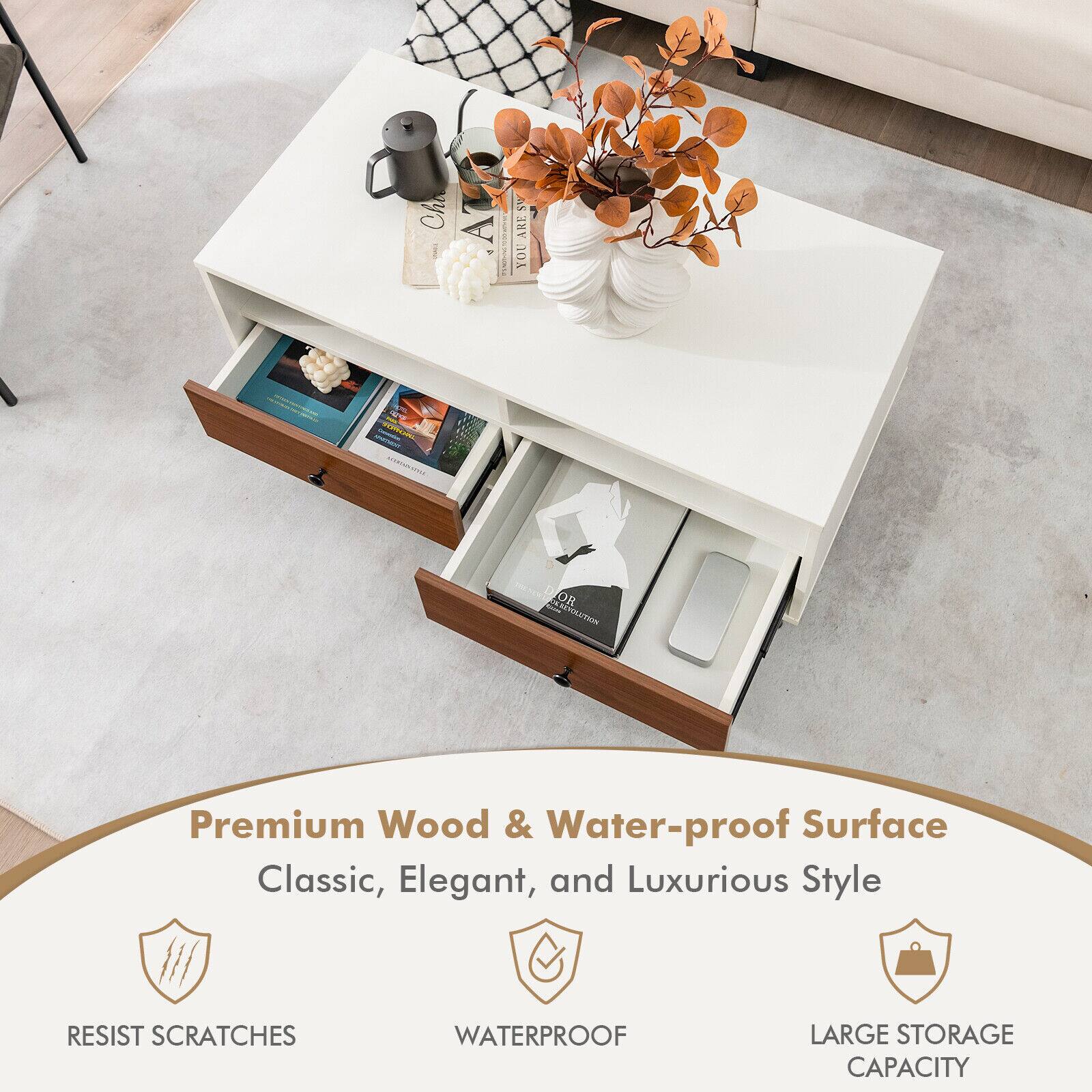 Ch | A RP ! 510 ARE 10A UEAN OR TOLITION Premium Wood & Water-proof Surface Classic, Elegant, and Luxurious Style RESIST SCRATCHES WATERPROOF LARGE STORAGE CAPACITY