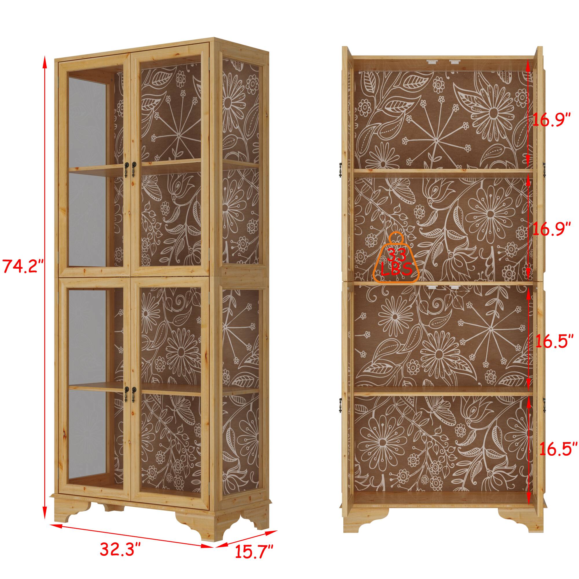 Height: 74.2"
Width: 32.3"
Depth: 15.7"
Shelf: 16.5"
Door: 16.9"