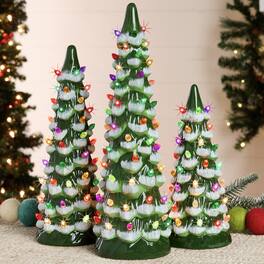 Best Choice Products - Set of 3 XL Pre-Lit Hand-Painted Ceramic Tabletop Christmas Trees w/Multi Lights Flocked Green - Flocked Green w/ Multicolor Lights
