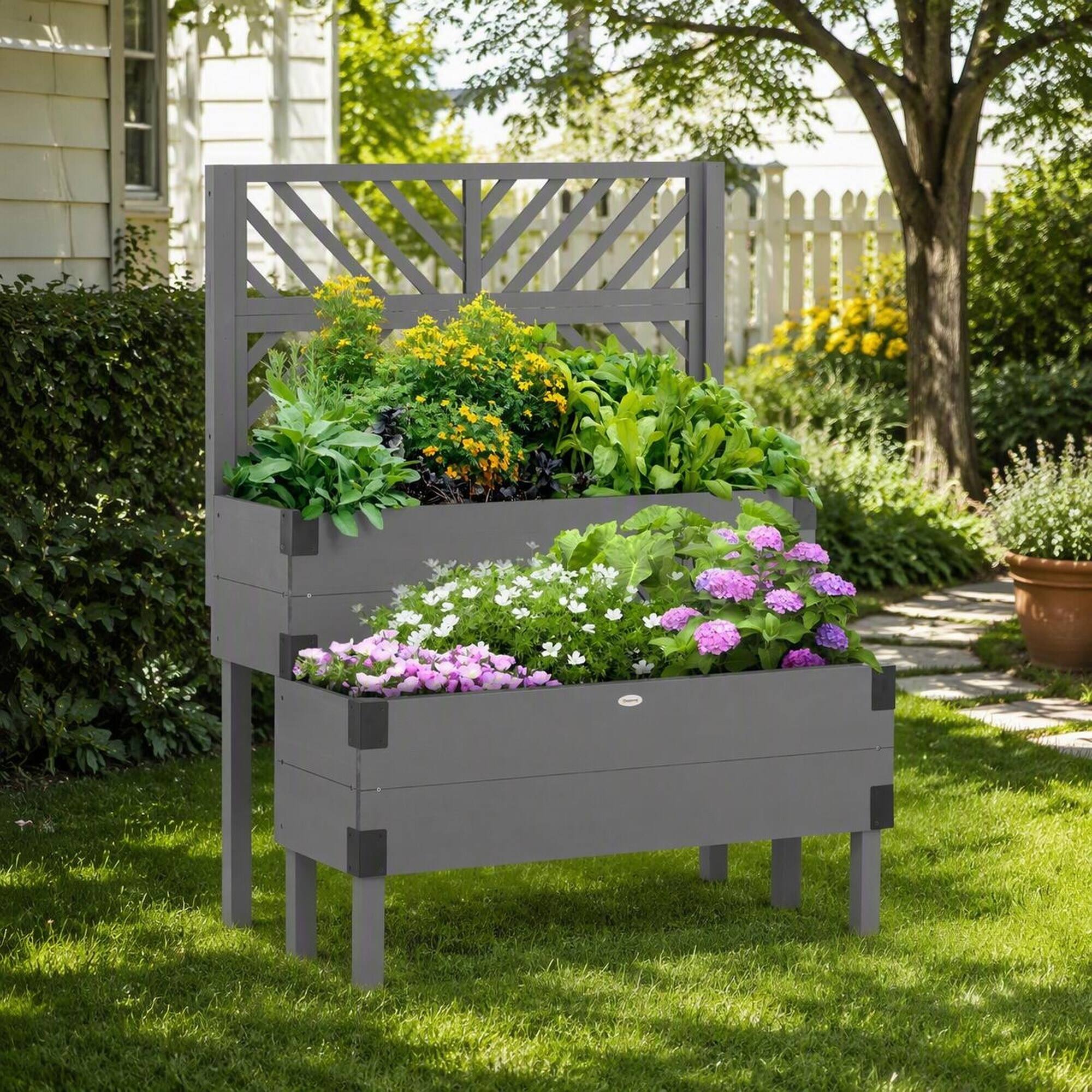 Alt View 2. RYHNUYNE - Outsunny Raised Garden Bed with Trellis, 2 Tier Wooden Elevated Planter Box with Legs, Metal Corners - Gray.