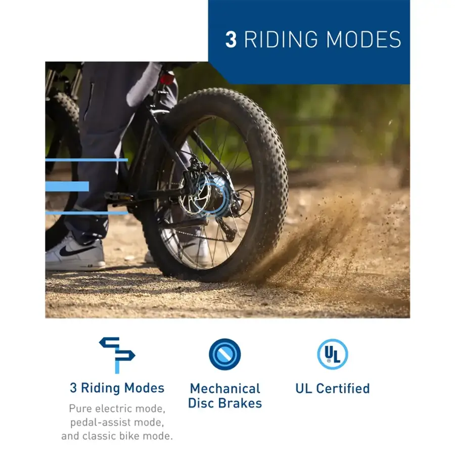 3 Riding Modes: Mechanical Disc Brakes, Pure Electric Mode, Pedal-Assist Mode, and Classic Bike Mode. UL Certified.