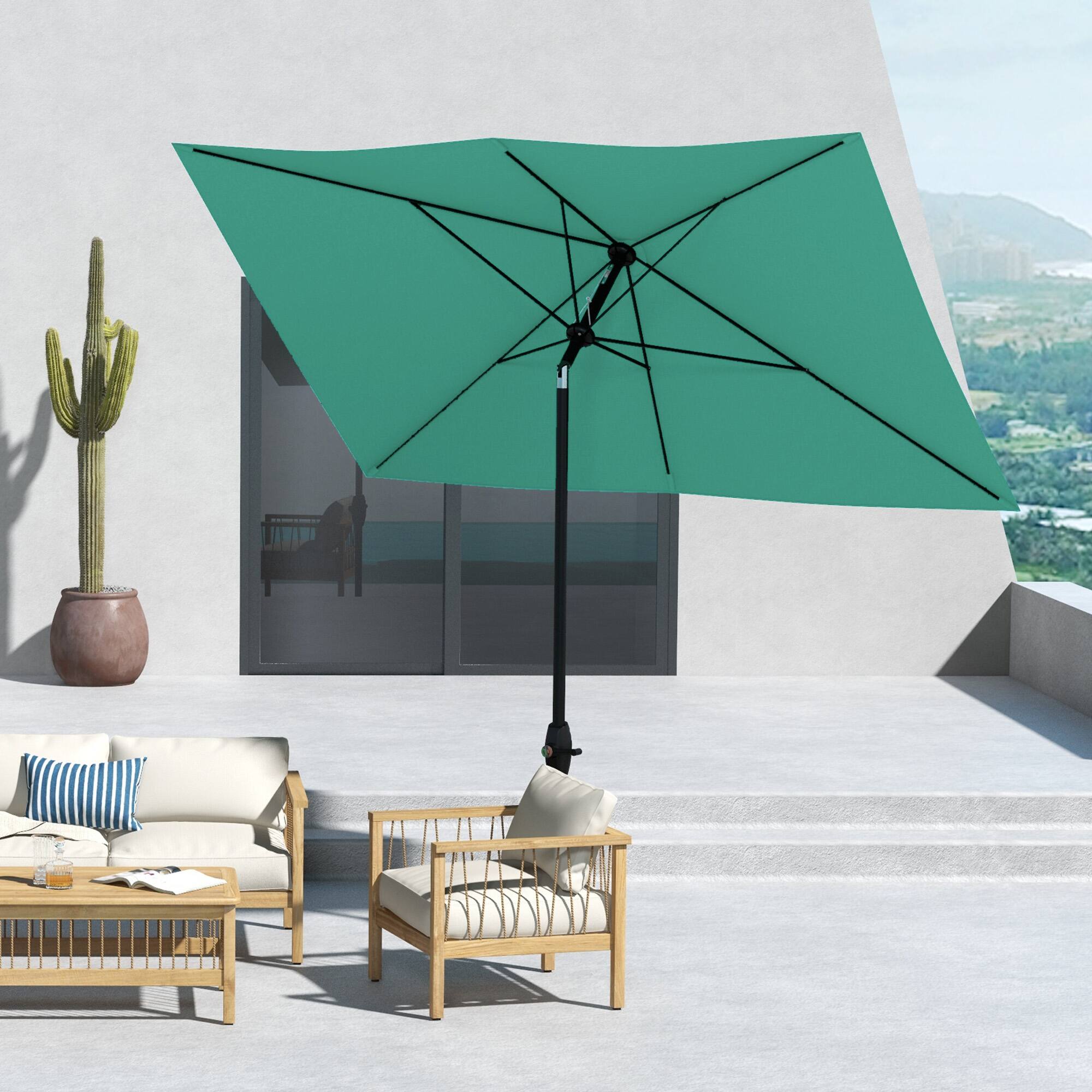Alt View 5. Outsunny - 6.5' x 10' Rectangular Market Umbrella, Patio Outdoor Table Umbrella with Crank and Push Button Tilt - Teal green.