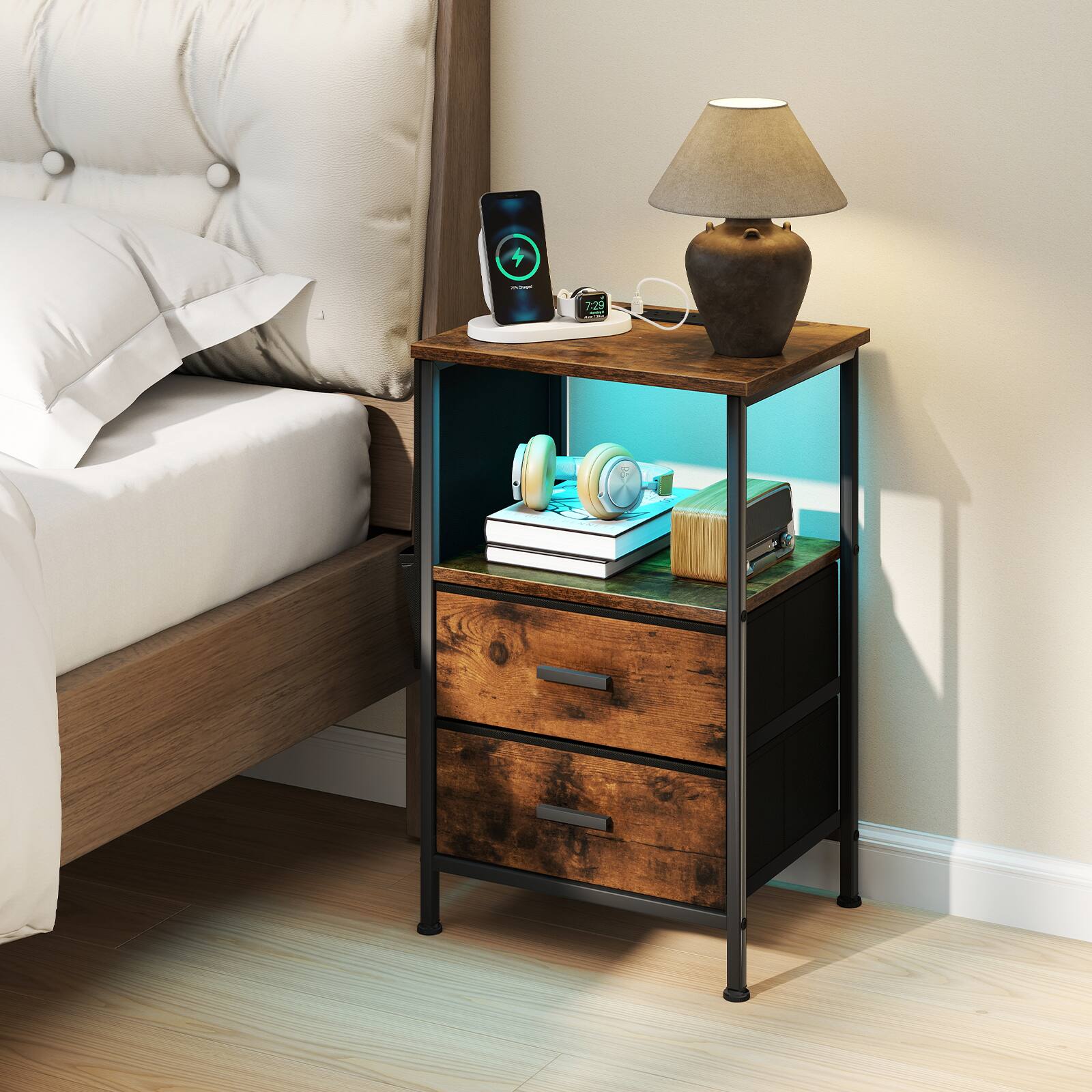 Alt View 1. Gymax - Gymax End Table w/Charging Station 2 Folding Fabric Drawers 6 Side Storage Pockets - Brown.