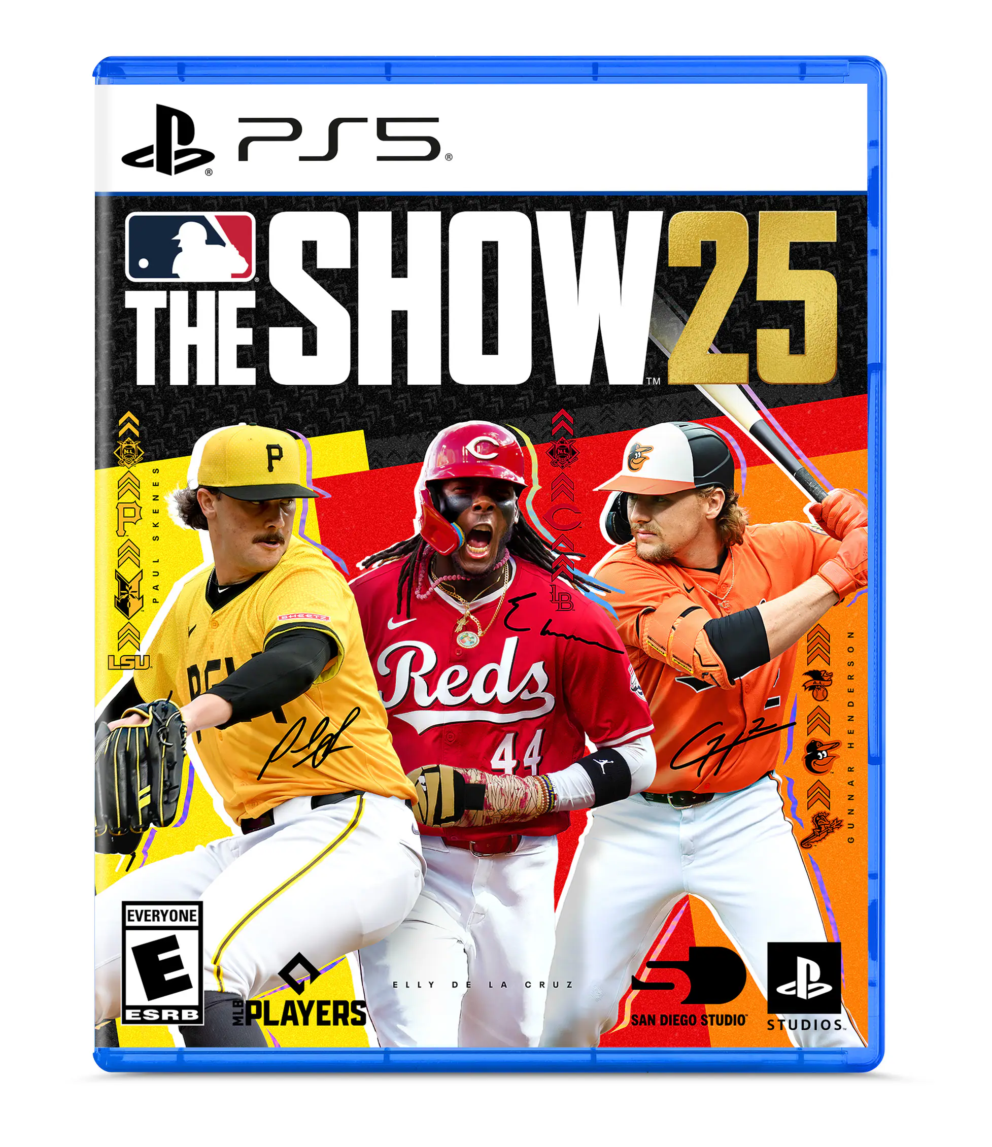 PS5 & THE SHOW 25 TA S P SNSXS C PAUL 1 aida LSU D Reds HENDERSON D 44 OUNNA E ELLY DE ESRB MLB PLAYERS LA CRUZ S CB SAN DIEGO STUDIO STUDIOS. - E (Everyone)
