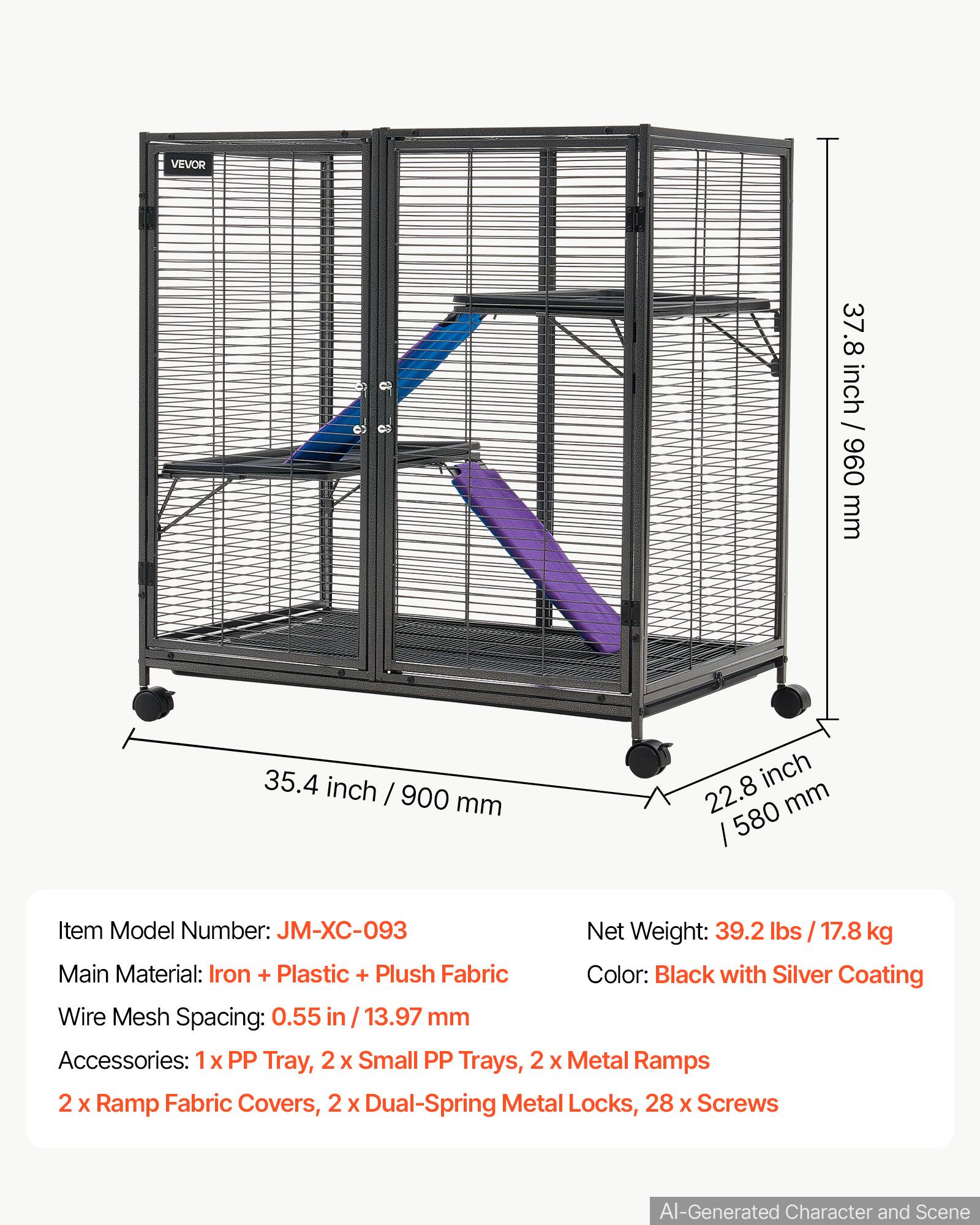 VEVOR

37.8 inch / 960 mm  
35.4 inch / 900 mm  
22.8 inch / 580 mm  

Item Model Number: JM-XC-093  
Net Weight: 39.2 lbs / 17.8 kg  
Main Material: Iron + Plastic + Plush Fabric  
Color: Black with Silver Coating  
Wire Mesh Spacing: 0.55 in / 13.97 mm  
Accessories: 1 x PP Tray, 2 x Small PP Trays, 2 x Metal Ramps, 2 x Ramp Fabric Covers, 2 x Dual-Spring Metal Locks, 28 x Screws  

AI-Generated Character and Scene