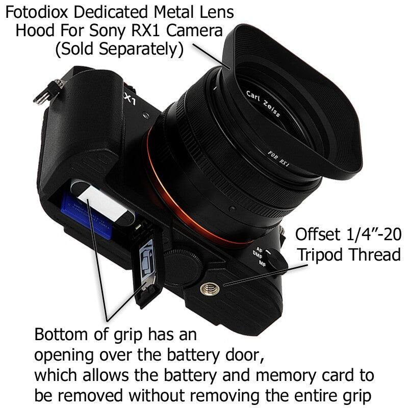 Fotodiox Dedicated Metal Lens Hood For Sony RX1 Camera (Sold Separately)

- Carl Zeiss FOR RX1
- Offset 1/4"-20 Tripod Thread
- Bottom of grip has an opening over the battery door, which allows the battery and memory card to be removed without removing the entire grip