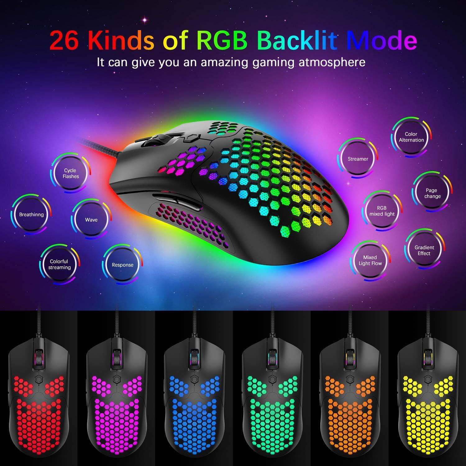 26 Kinds of RGB Backlit Mode  
It can give you an amazing gaming atmosphere  

- Color Alternation  
- Streamer  
- Cycle Flashes  
- Breathing  
- Wave  
- Colorful streaming  
- Response  
- RGB mixed light  
- Page change  
- Gradient Effect  
- Mixed Light Flow