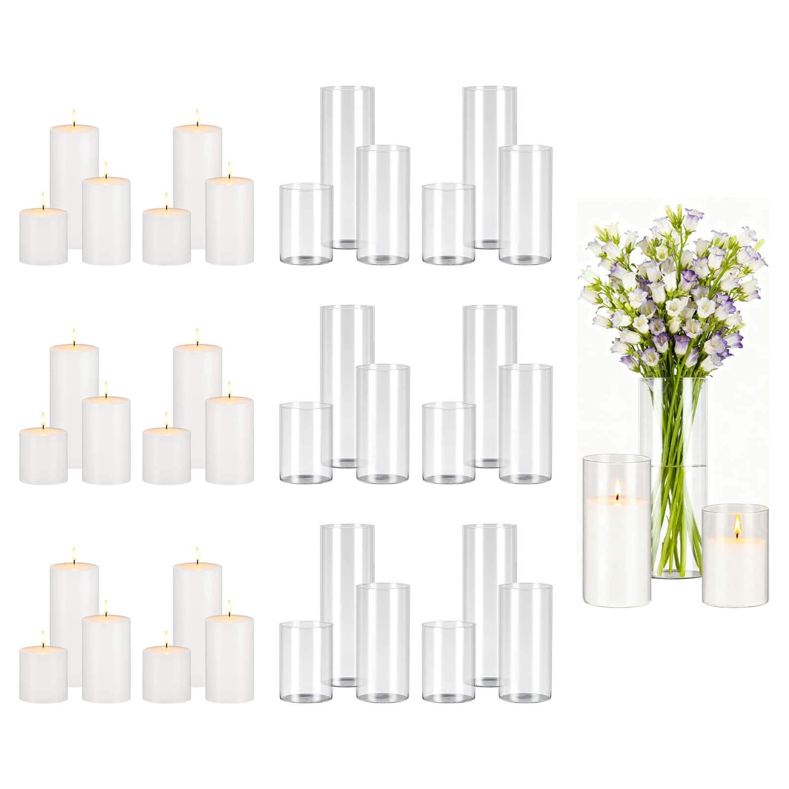 VEVOR - Pillar Candles and Glass Vases Set 36 Pcs, Clear Cylinder Hurricane Candle Holders for Wedding Centerpieces, Tall Vase - Transparent White