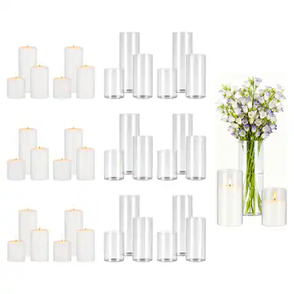 Front. VEVOR - Pillar Candles and Glass Vases Set 36 Pcs, Clear Cylinder Hurricane Candle Holders for Wedding Centerpieces, Tall Vase - Transparent White.