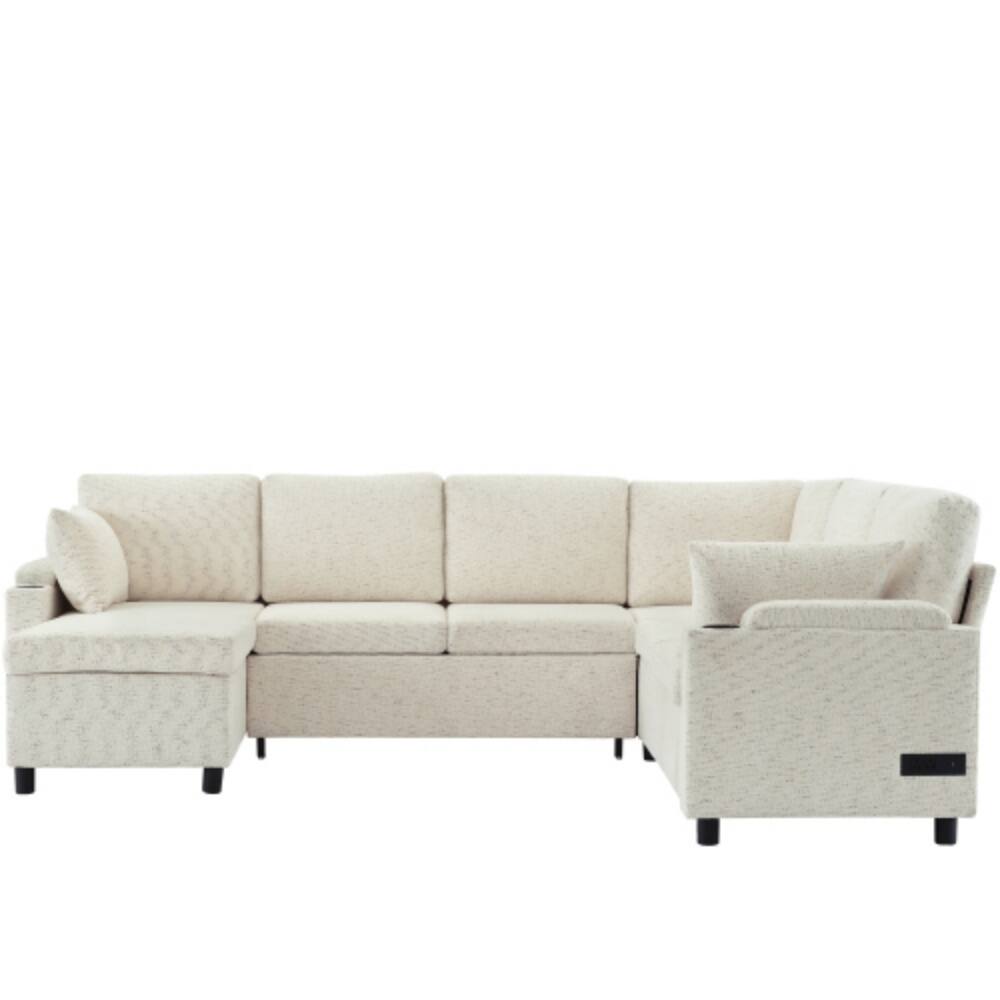 Alt View 1. LUCKY ONE - 109.9" U-Shaped Convertible Sectional Sofa Bed w/ Storage Cup Holders USB Ports - Beige.