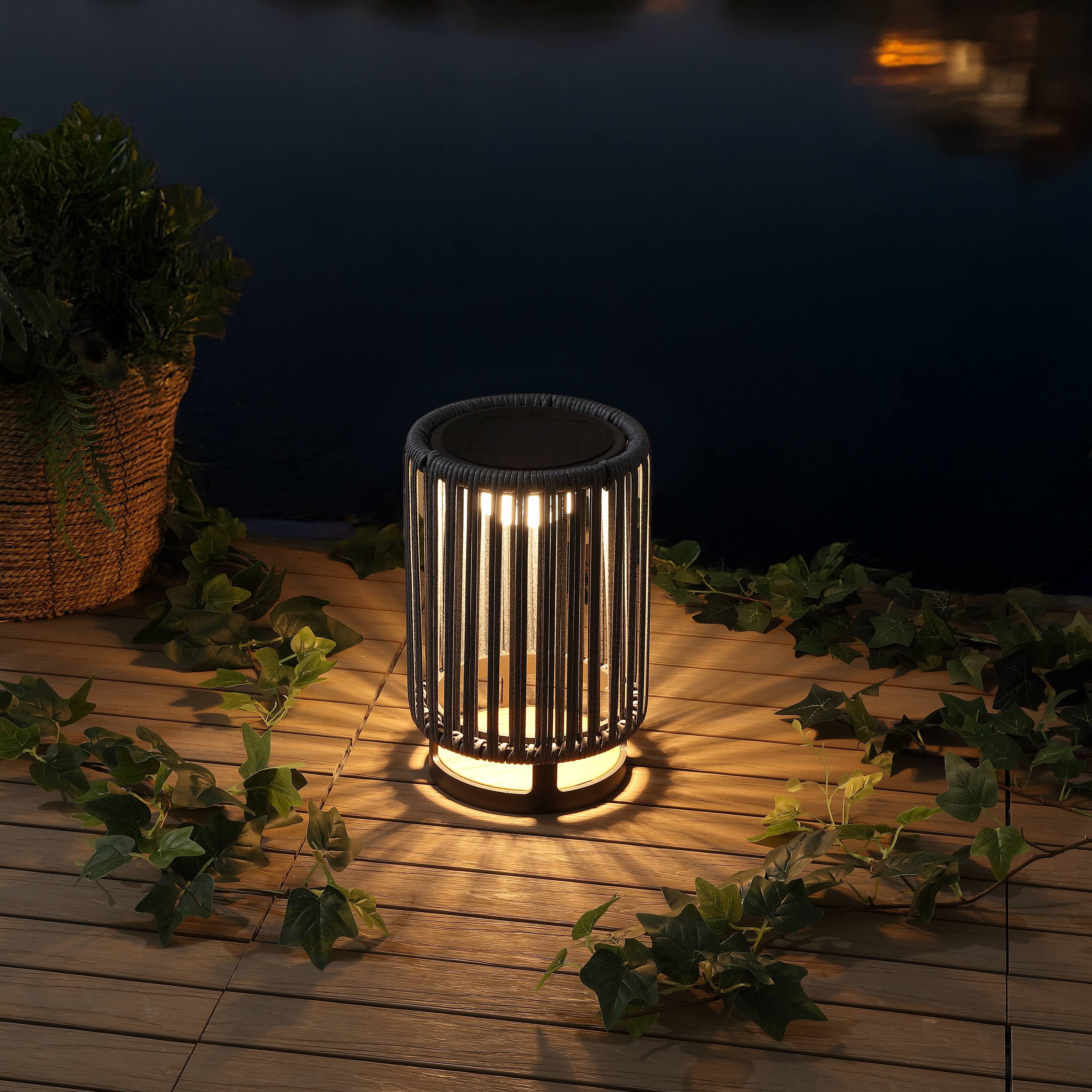 Alt View 8. Jonathan Y - Sawara 12.5" Modern Minimalist Faux Rattan Integrated Indoor/Outdoor LED Solar Powered Lantern, Charcoal/Black - Black/Gray.