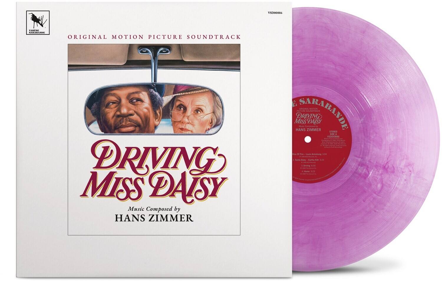 VS100886  
VARENE SULIBATDE  
ORIGINAL MOTION PICTURE SOUNDTRACK  
DRIVING MISS DAISY  
Music Composed by HANS ZIMMER  

ORIGINAL MOTION PICTURE SOUNDTRACK  
DRIVING MISS DAISY  
Music Composed by HANS ZIMMER  

SARABANDE  
ORIGINAL MOTION PICTURE SOUNDTRACK  
DRIVING MISS DAISY  
Music Composed by HANS ZIMMER  
STEREO  
SIDE A  
1. The First of Five - Liza Armington 3:04  
2. Santa Baby - Eartha Kitt 2:25  
3. Driving 6:50  

VSD00886