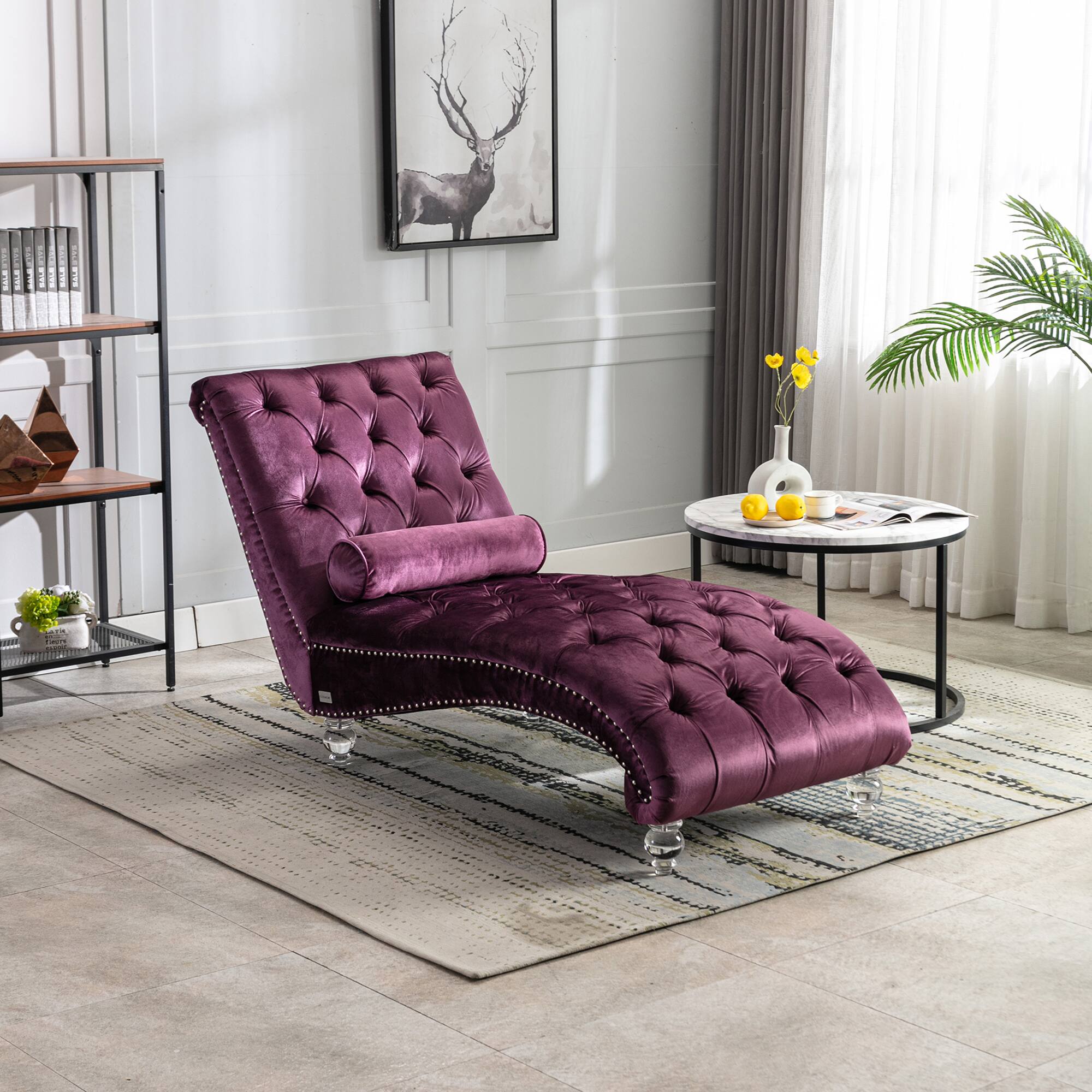 Front. Trinkets Crazed - Velvet Indoor Chaise Lounge Chair with Toss Pillow, Upholstered Modern Tufted Button Lounge Chair with Acrylic Legs - Purple.