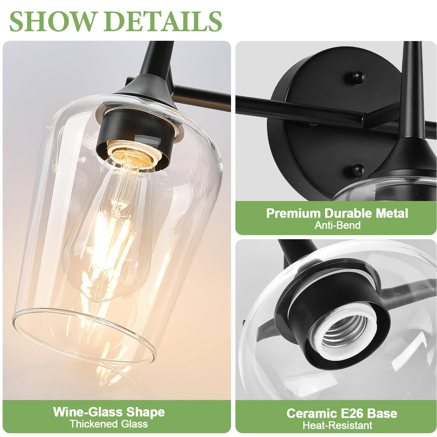 SHOW DETAILS

Premium Durable Metal  
Anti-Bend

Wine-Glass Shape  
Thickened Glass

Ceramic E26 Base  
Heat-Resistant