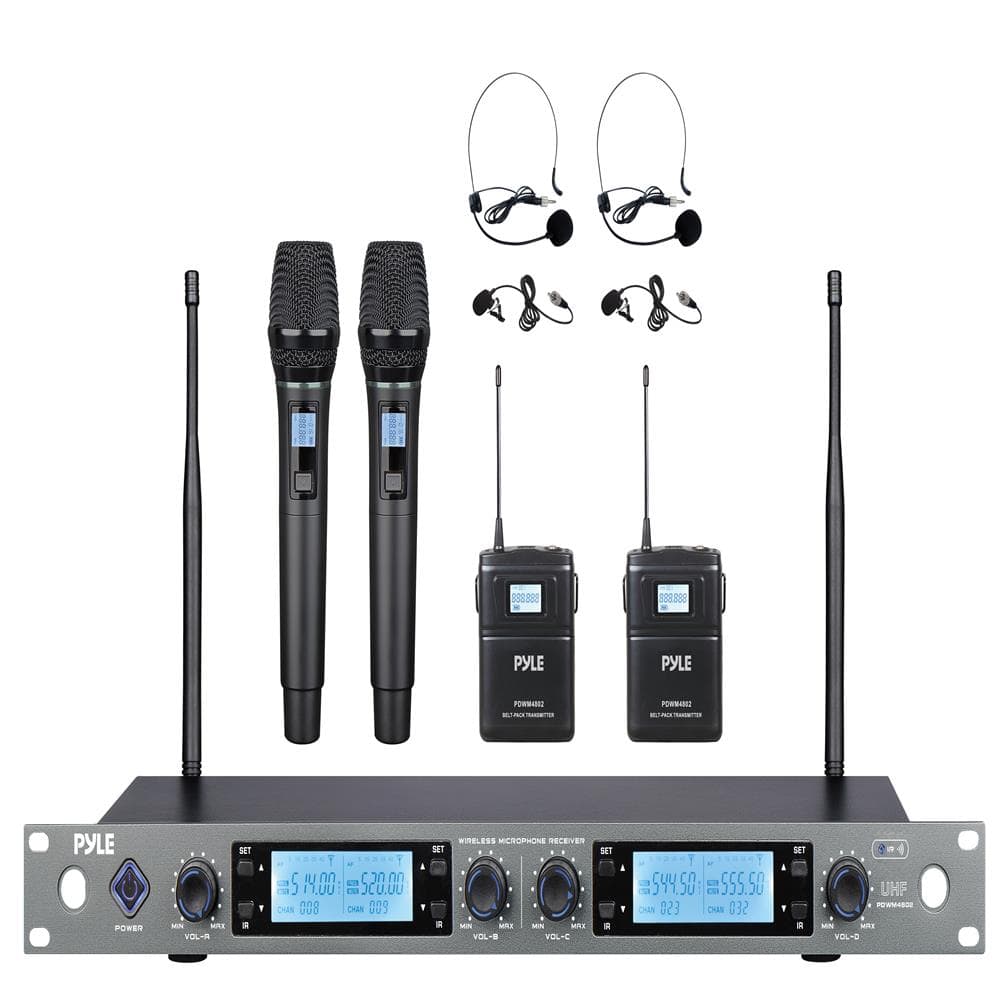 Pyle - 4-Channel Wireless Microphone System - Professional Handheld, Lavalier, and Headset Mics with B