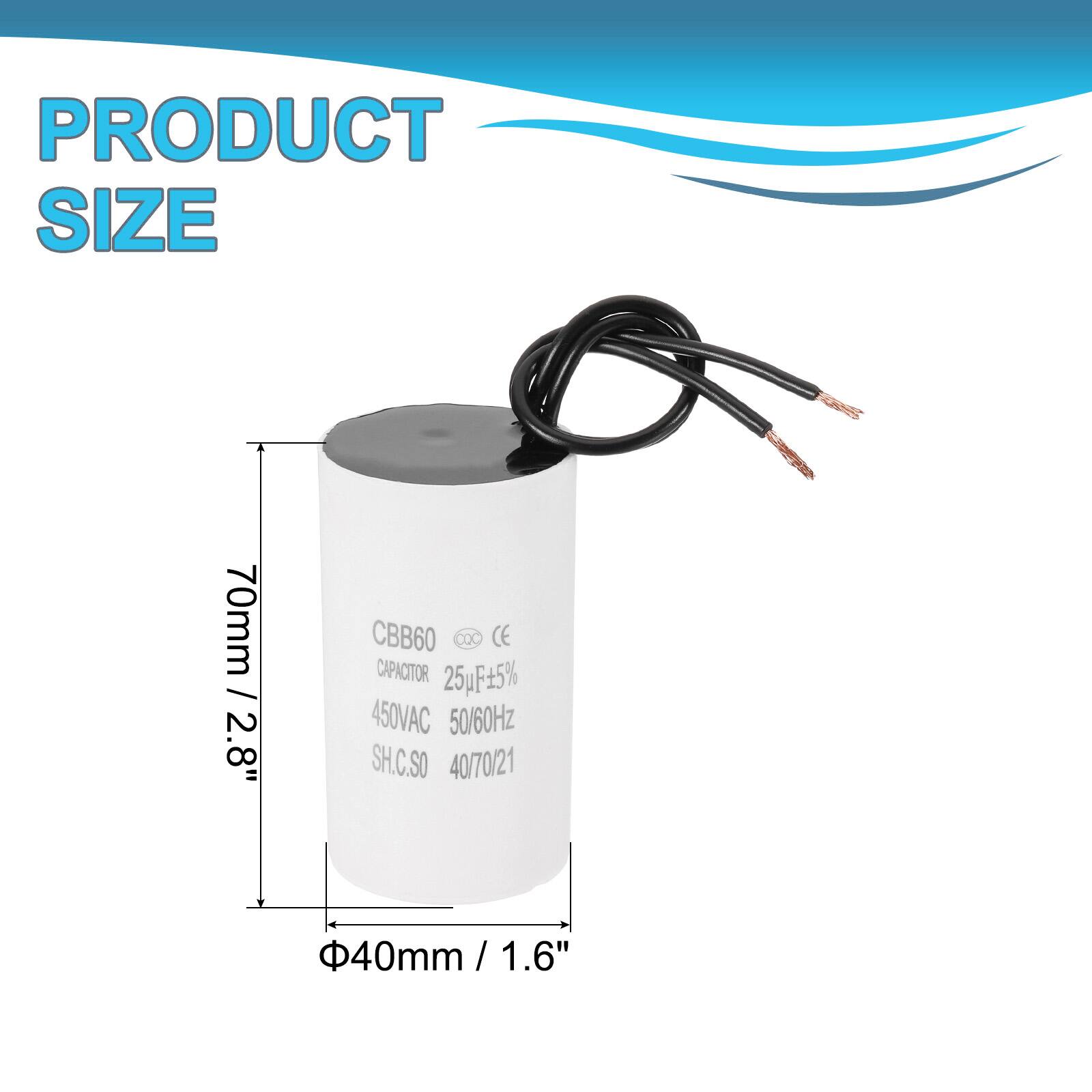 PRODUCT SIZE  
70mm / 2.8"  
CBB60 ... CE CAPACITOR 25uF 5% 450VAC 50/60Hz  
SH.C.SO 40/70/21  
40mm / 1.6" / 1.6"