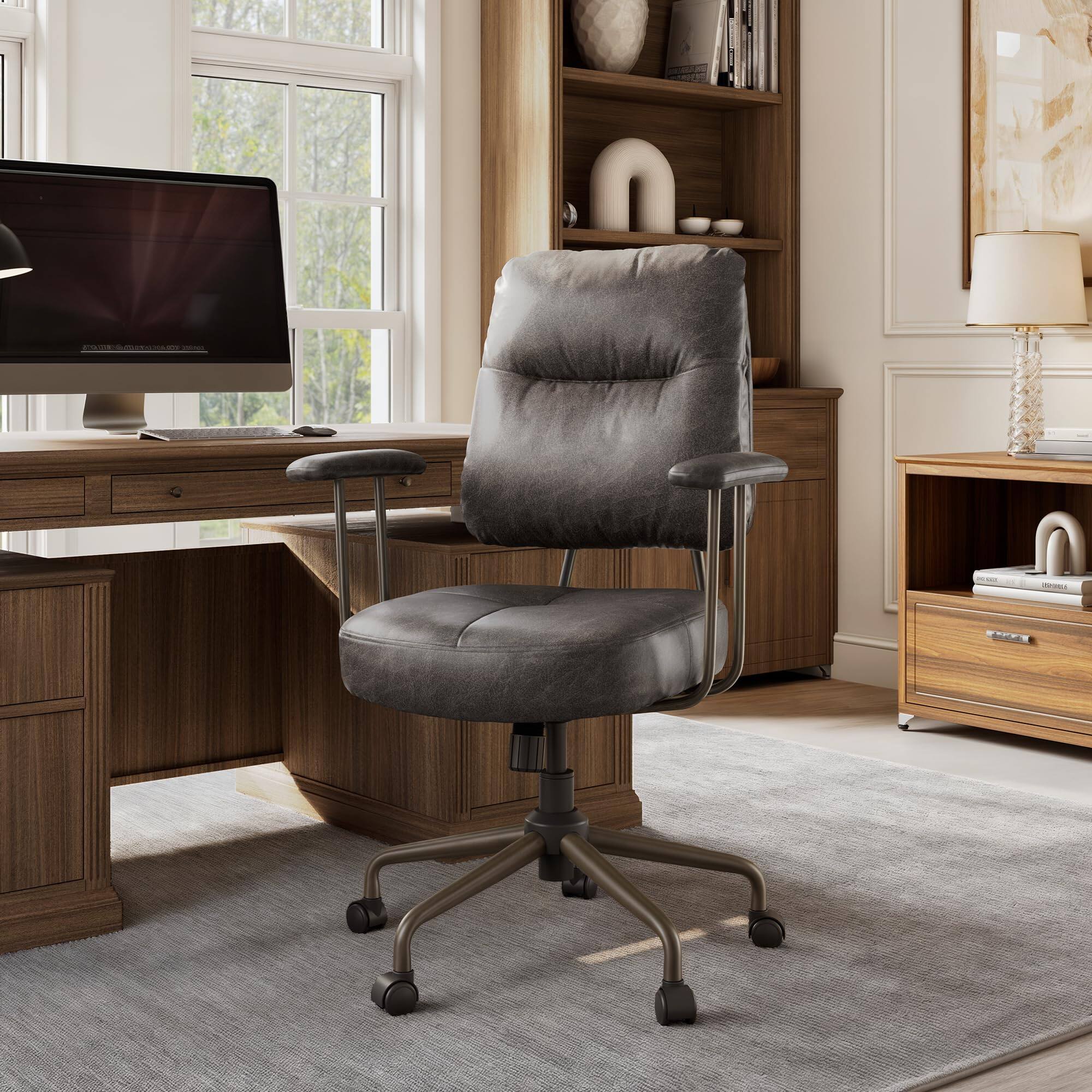 Left. Eureka Ergonomic - Office Chair Leather with Lumbar Support Mid Back Cushion Height Adjustable - Grey.