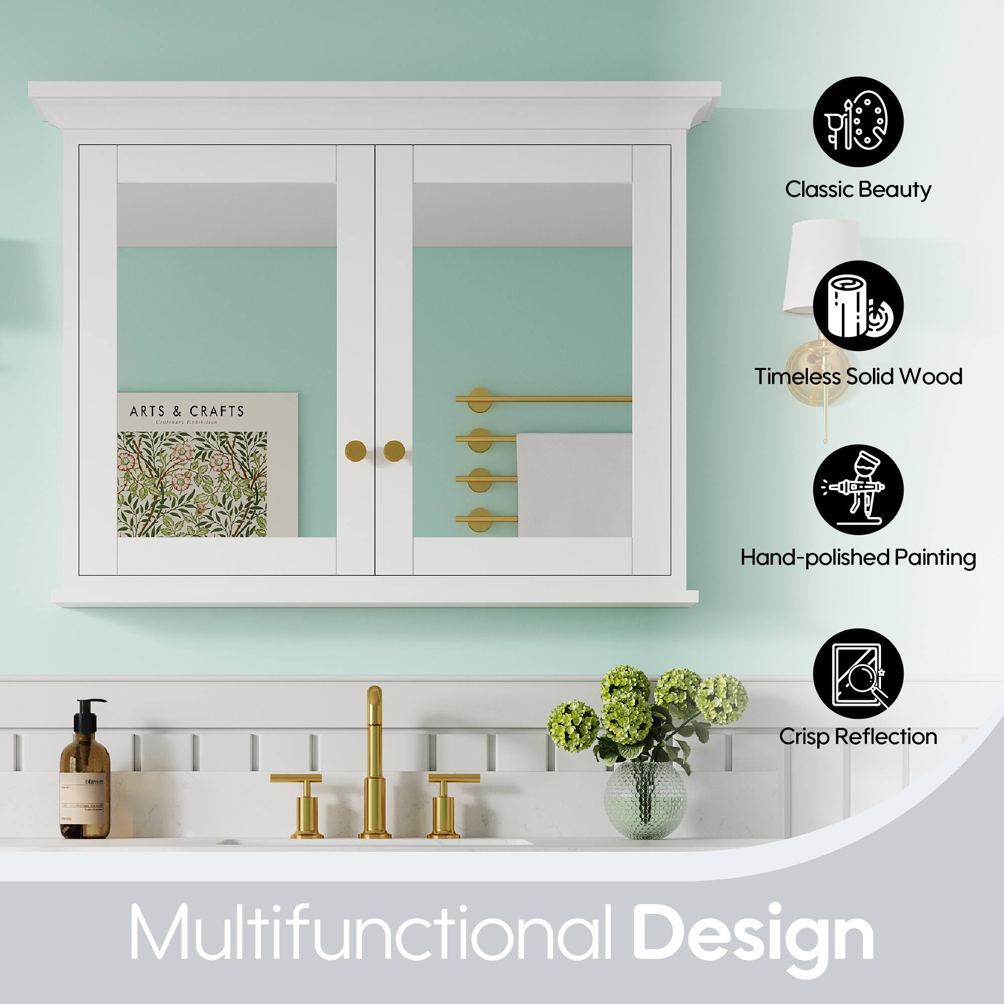 Classic Beauty  
Timeless Solid Wood  
ARTS & CRAFTS  
Hand-polished Painting  
Crisp Reflection  
Multifunctional Design