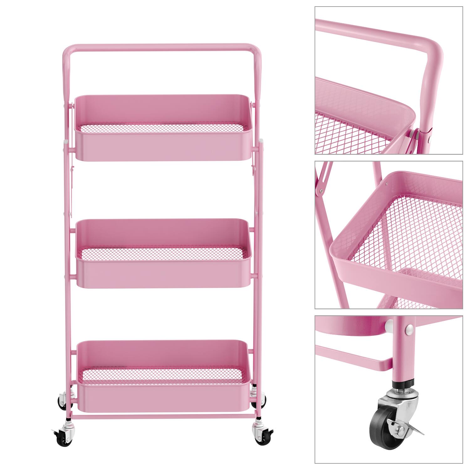 Alt View 1. Malletson - 3-Tier Foldable Rolling Cart, Storage Rack with Handle Multi-Purpose and Locking Wheels for Office, Kitchen, Bathroom - PINK.