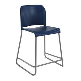 Emma + Oliver - Calliope Stackable Office Reception Counter Stool with Contoured Backrest and Chrome Sled Base - Navy Plastic/Gray Frame