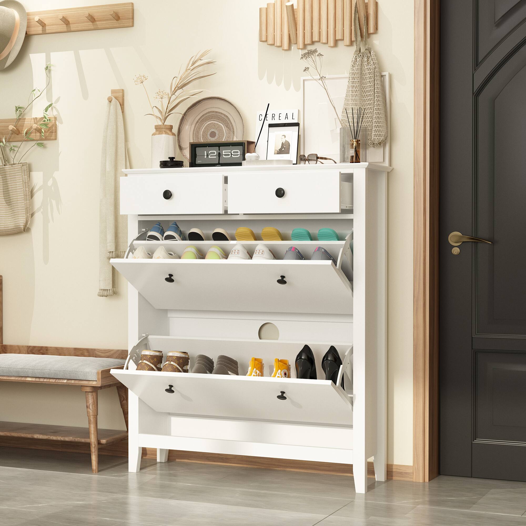 Angle. FUFU & GAGA - Entryway Shoe Cabinet with Flip-Top Storage, Decorative Organizer, Multi-Compartment Shoe Rack for Home - White.